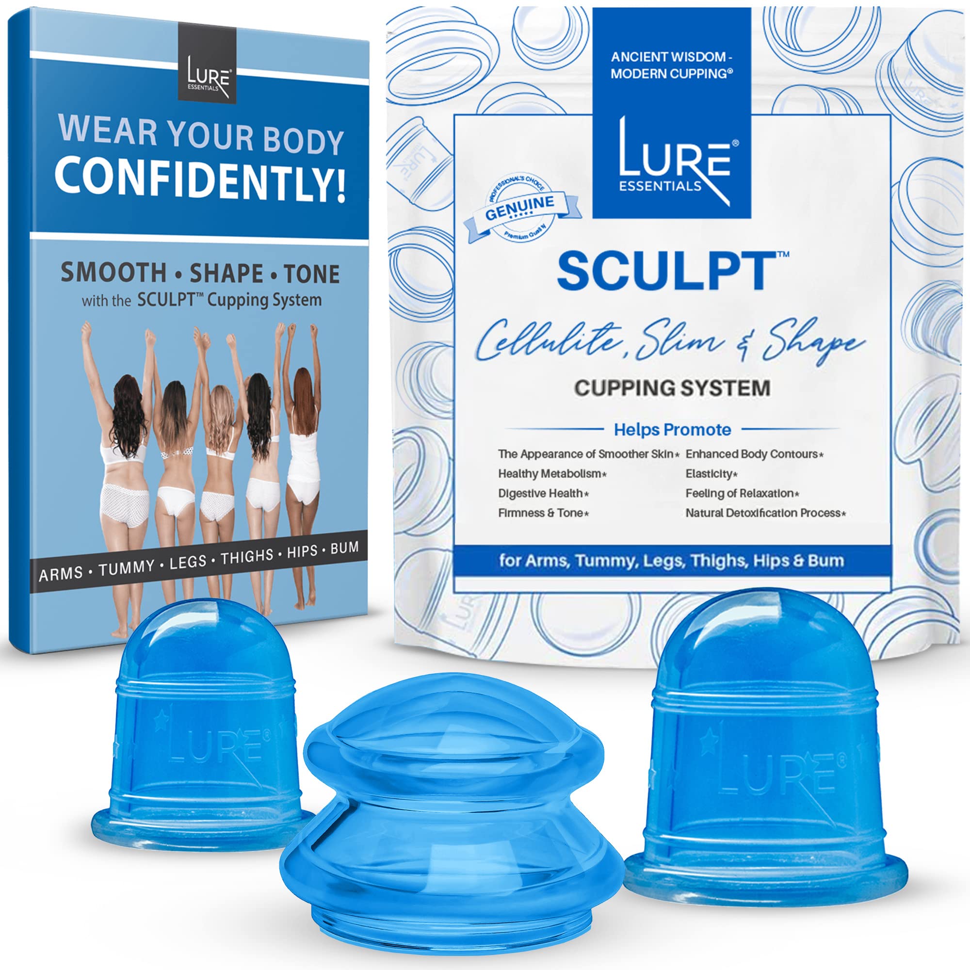 LURE Essentials Edge Cupping Therapy Set - Silicone Cupping Kit for Massage  - 4 Cups for Cupping Therapy, Blue