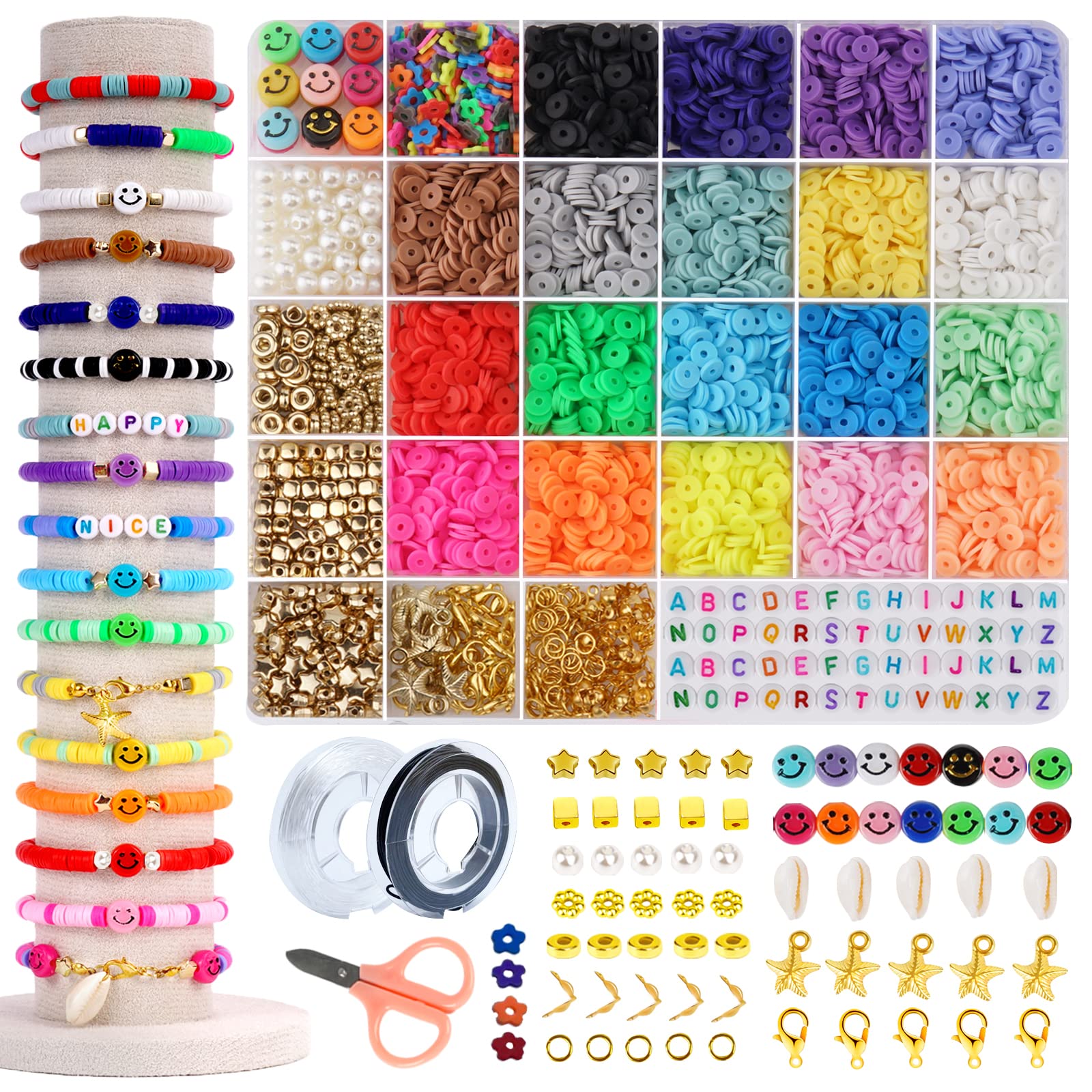 4900 Pcs Clay Beads for Bracelets Making Kit, Flat Round Polymer Clay Beads  for Jewelry Making Kit with Letter Beads and Smiley Face Beads for  Bracelets Beads w…