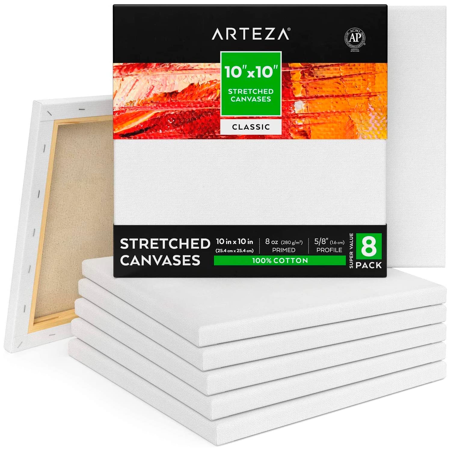 Arteza Stretched Canvas Pack of 8 10 x 10 Inches Square Blank