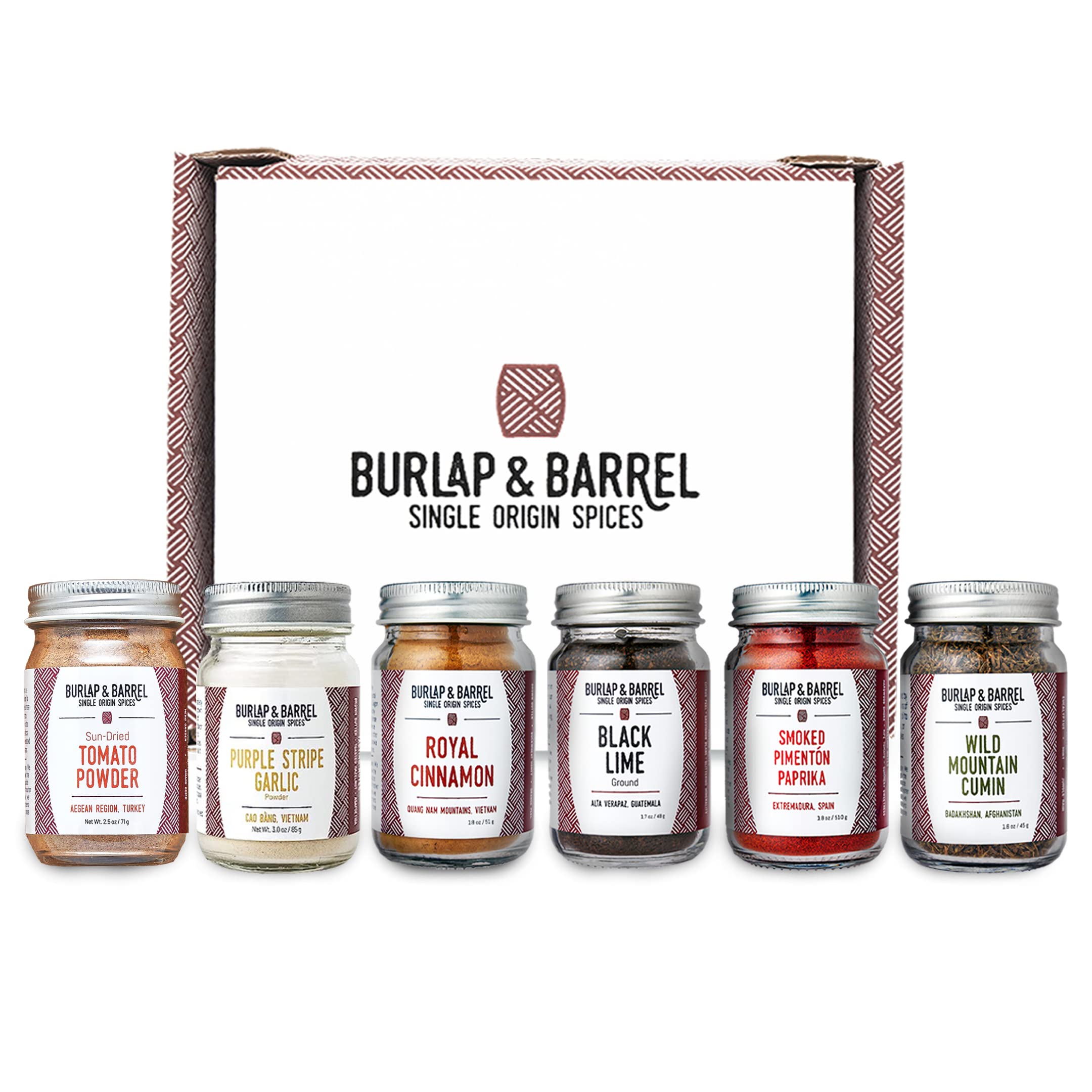 Burlap & Barrel Single Origin Spice Gift Box - 6pk Spice Gift Set - As seen  on Shark Tank! 6 Full Size Jars Including: Purple Stripe Garlic, Black Lime,  Royal Cinnamon, Smoked