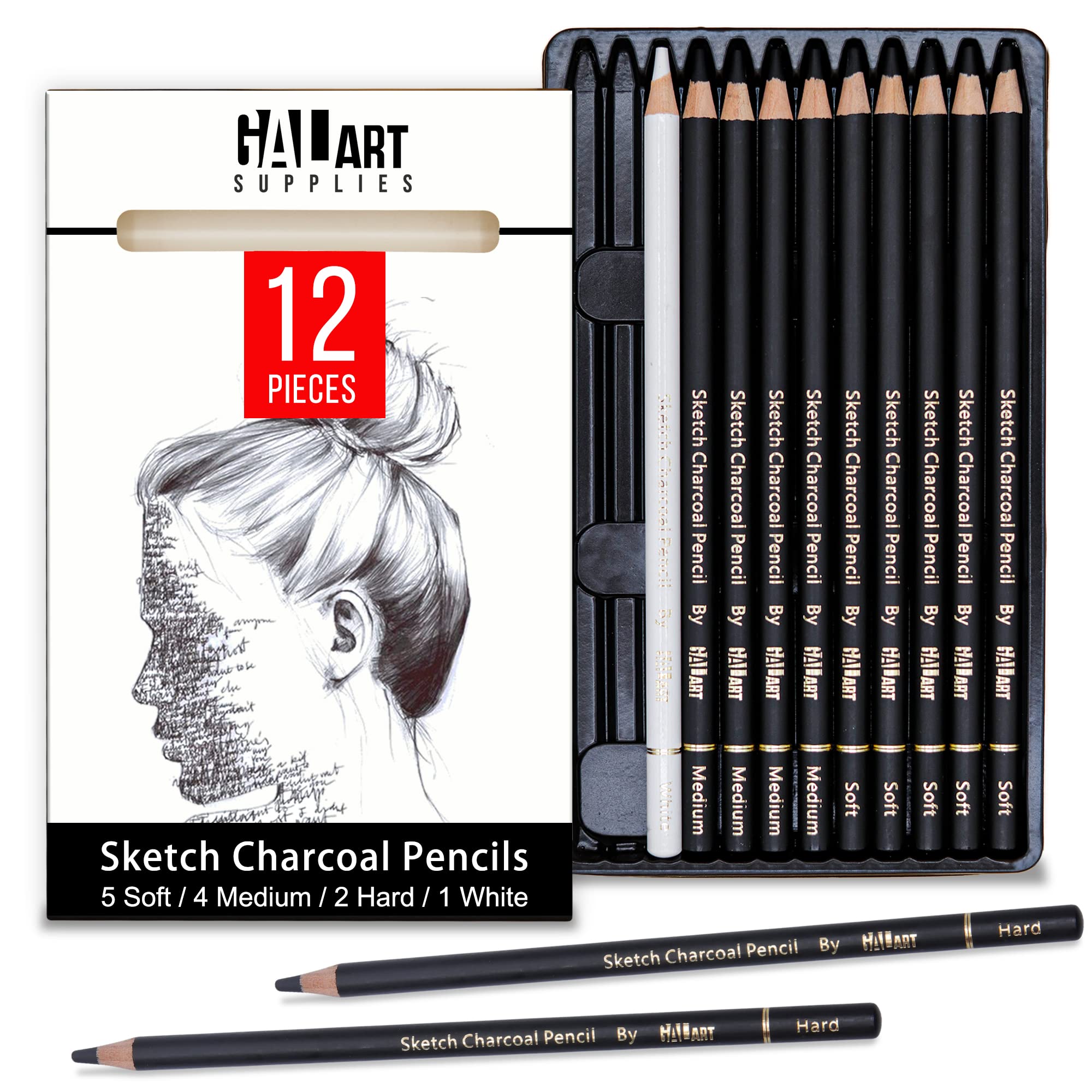 Soft/ Medium/Hard Charcoal Pencils for DIY Art Student Hobbyist Beginner  12pcs 