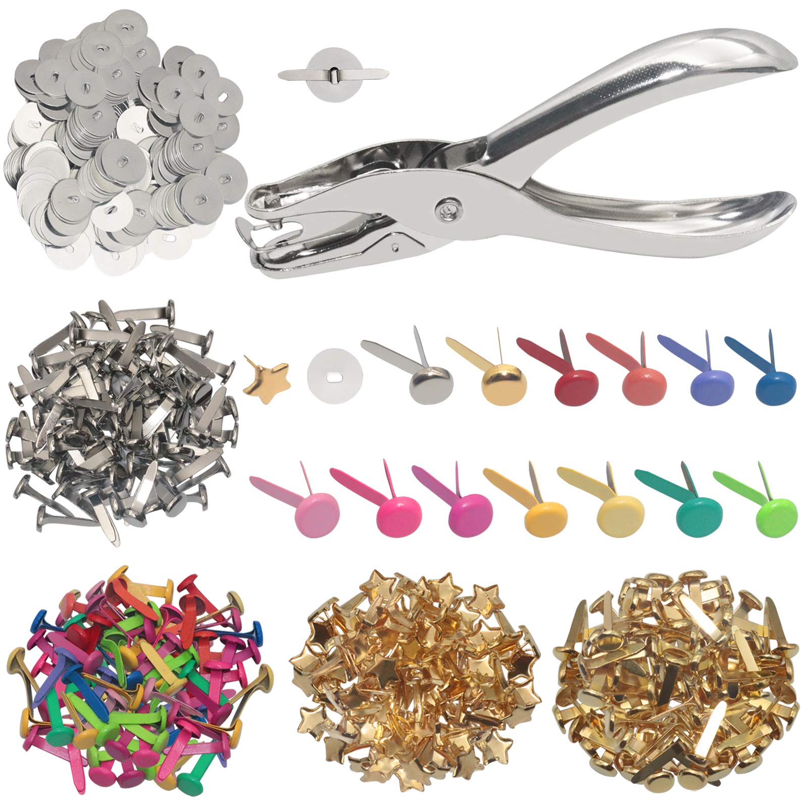 Machomby 200 pieces paper fasteners brads, multi color mini brads round  fasteners with 200 pieces silver