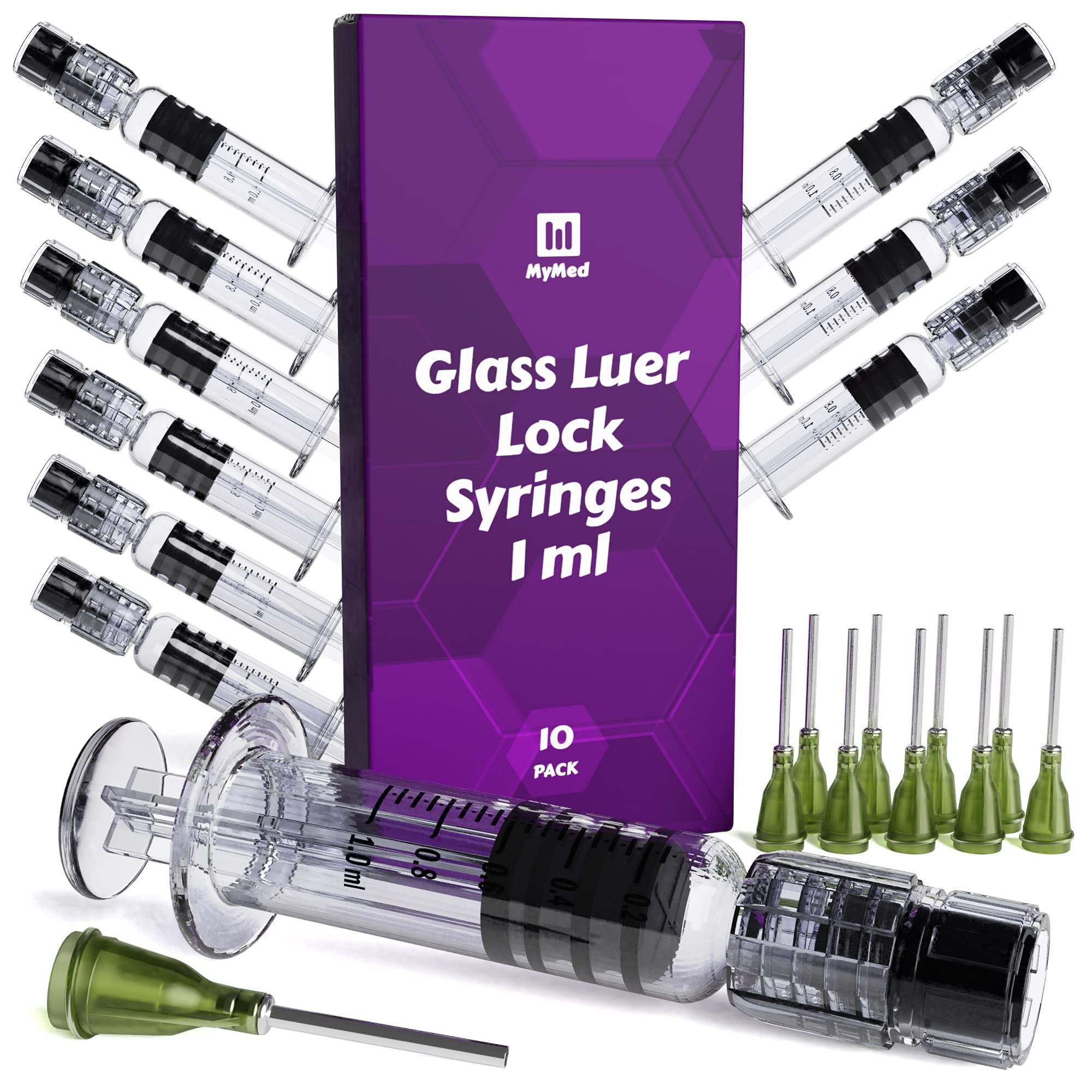 MyMed 10 Pack Borosilicate Glass Luer Lock Syringe 1ml Capacity Reusable  Glass Syringes - Use for Arts and Crafts, Thick Liquids, Oils, Vet, Glue,  Lab, Ink with 10GA Blunt Tip Pet Safe Needles