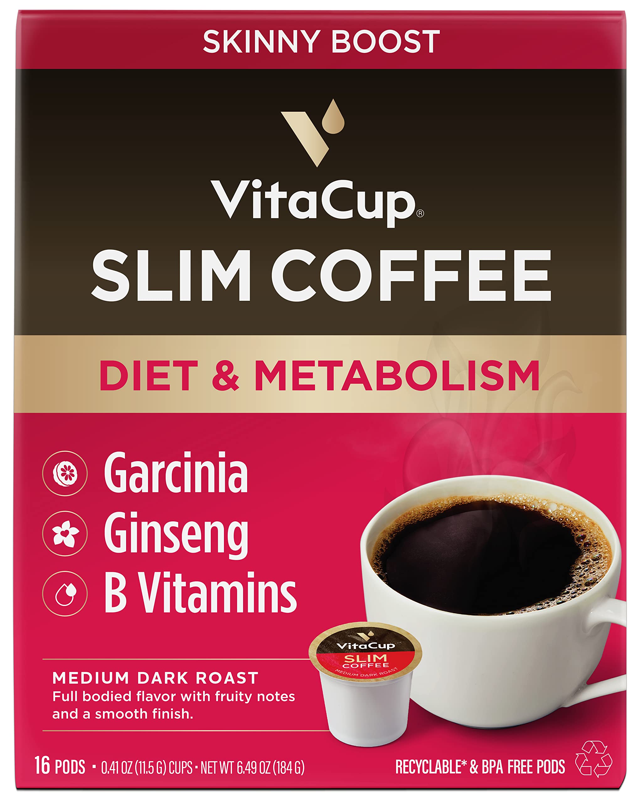 VitaCup Slim Ground Coffee, Diet Support with Ginseng, Garcinia, B  Vitamins, Medium Dark Roast, Bold and Smooth,100% Arabica Specialty Coffee  Grounds