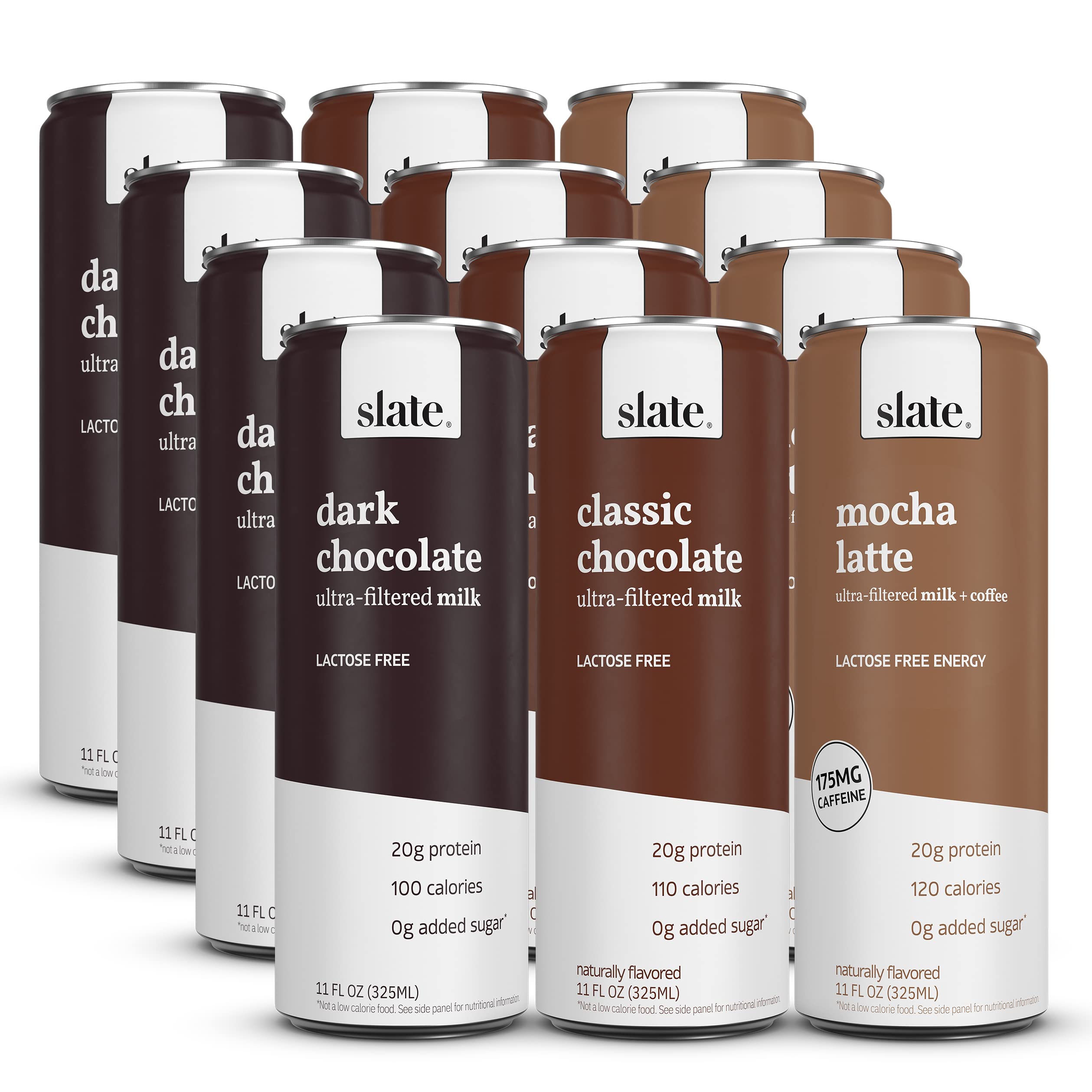 Slate Milk - High Protein Shake, Variety Pack, Classic Chocolate, Dark  Chocolate, Mocha Latte, 20g Protein, 0g Added Sugar, Lactose Free, Keto,  All Natural (11 oz, 12-Pack) Variety Pack 11 Fl Oz (Pack of 12)