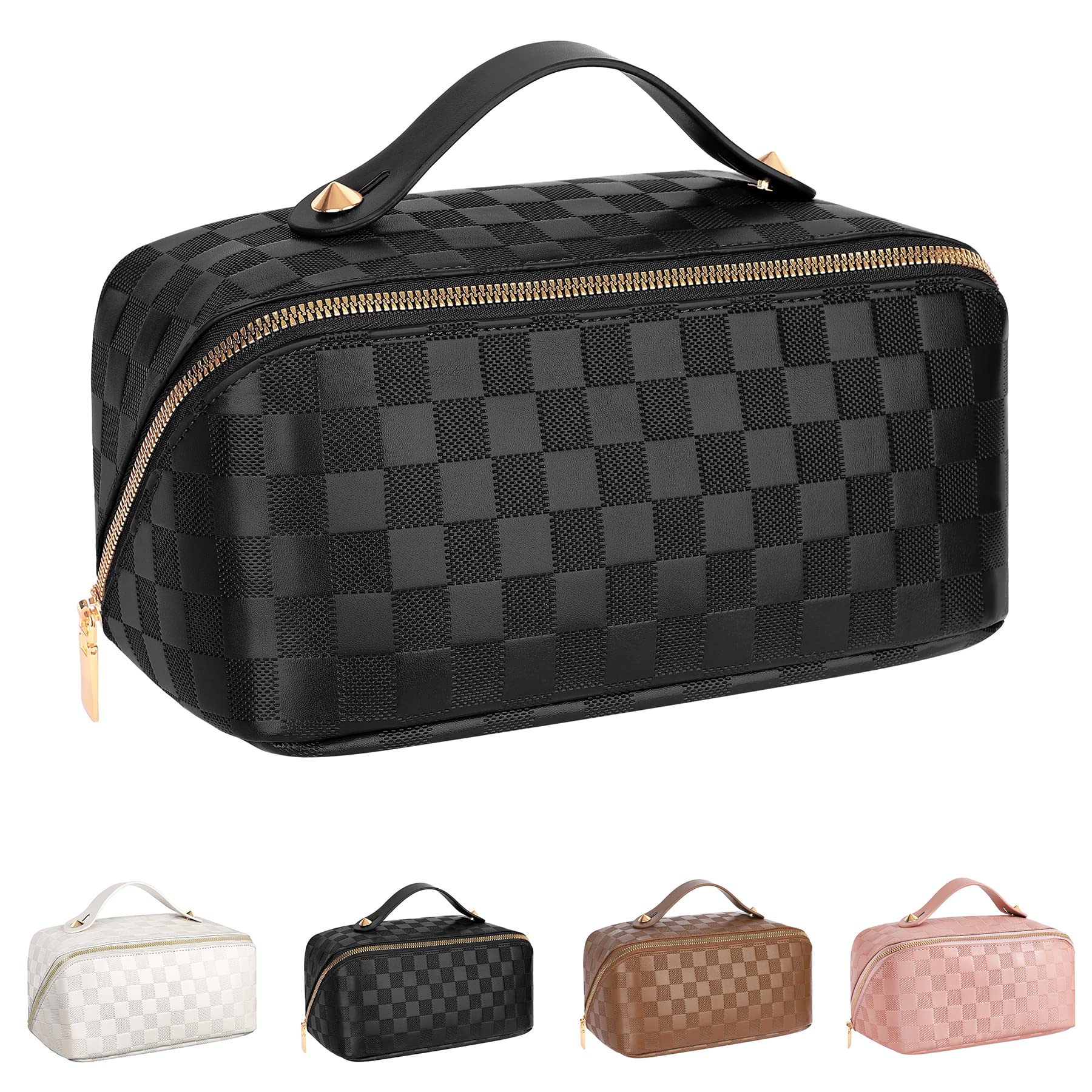 Large Capacity Travel Cosmetic Bag Plaid Checkered Makeup Bag Portable  Leather Waterproof Skincare Bag with Handle and Divider for Women 01-White