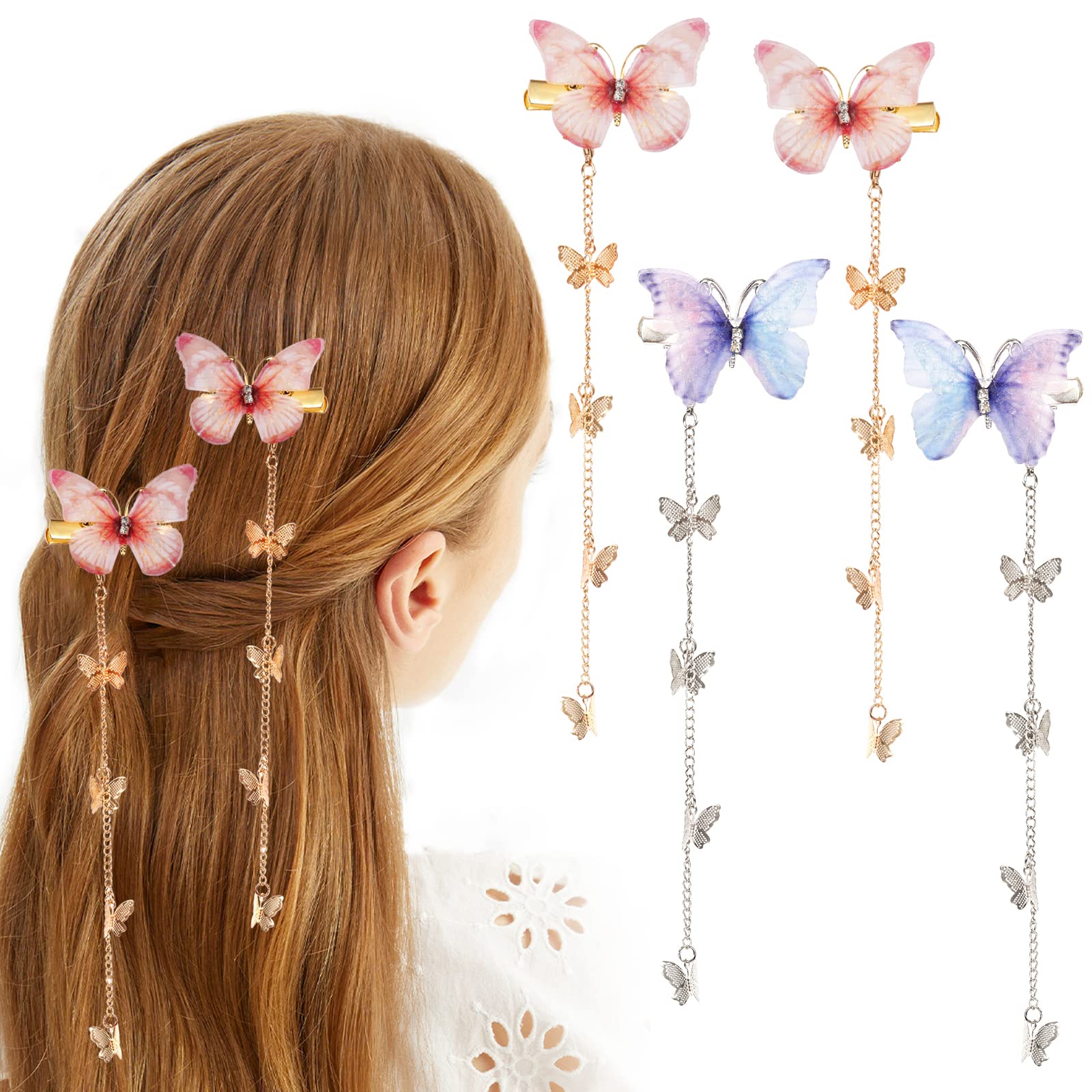4Pcs Tassel Butterfly Hair Clips 2 Pairs Fabric Butterfly Hairpin ...