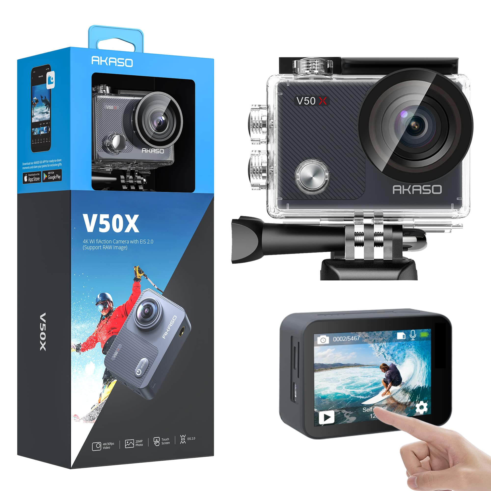 AKASO V50X Native 4K30fps WiFi Action Camera With EIS Touch Screen 4X Zoom  Web Camera 131 Feet Waterproof Camera Support External Mic Remote Control Sports  Camera With Helmet Accessories Kit
