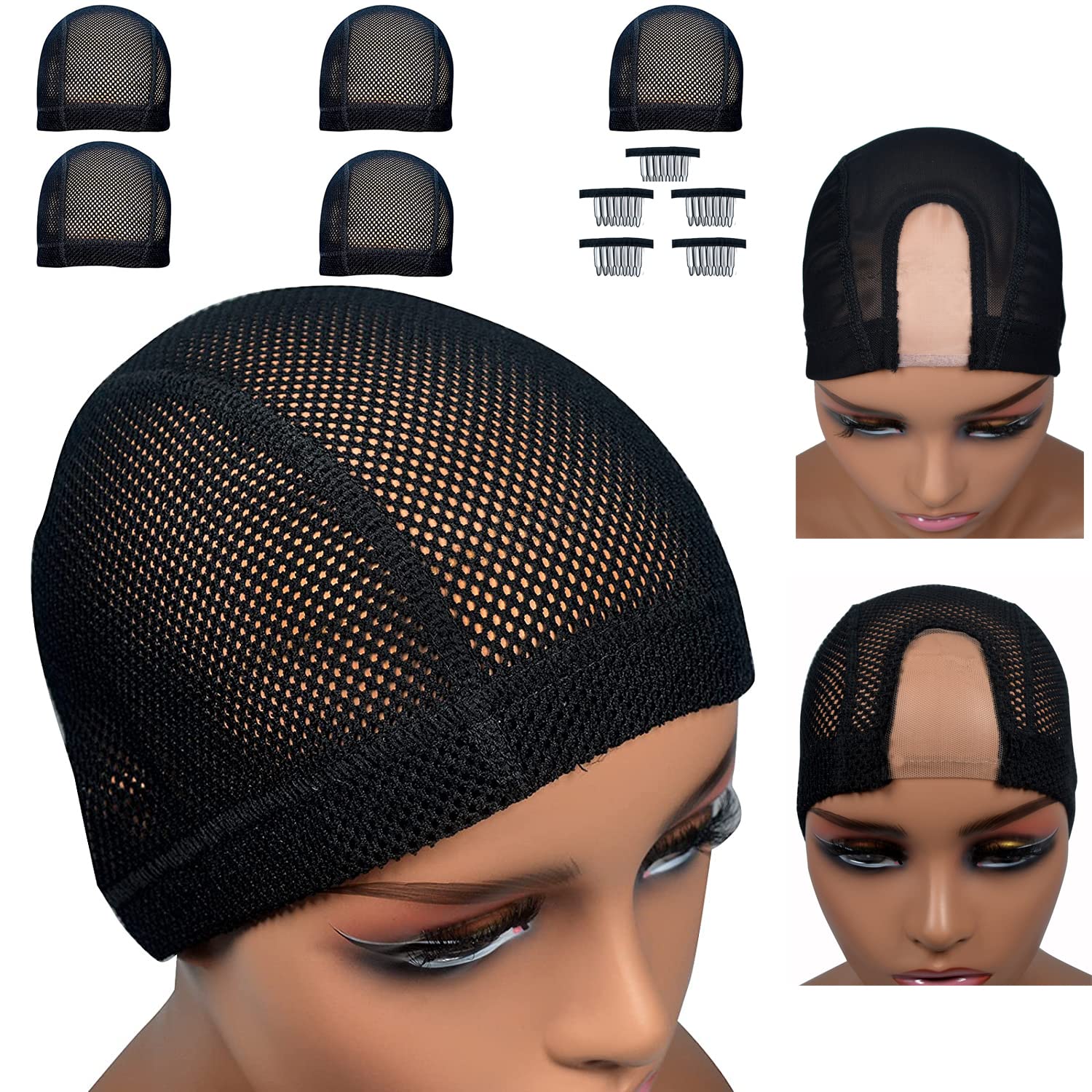 2pcs Large Size U Part Wig Cap for Making Wigs Glueless Spandex Dome Untra Strech Wig Cap Mesh Dome Cap Black Swimming Cap