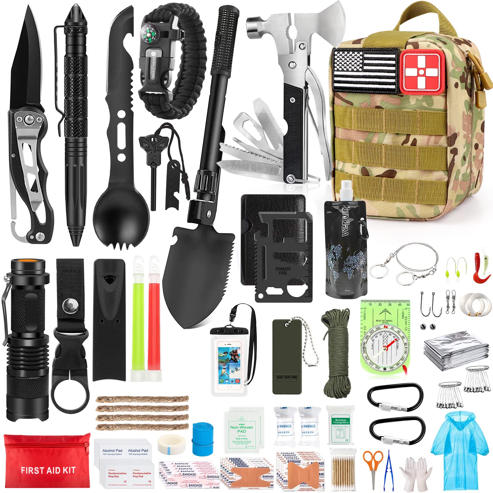 Survival Kit and First Aid Kit with 142 Pieces, Molle System Bag, Equipment  for Camping, Backpacking, Hiking Kit, Adventures and More