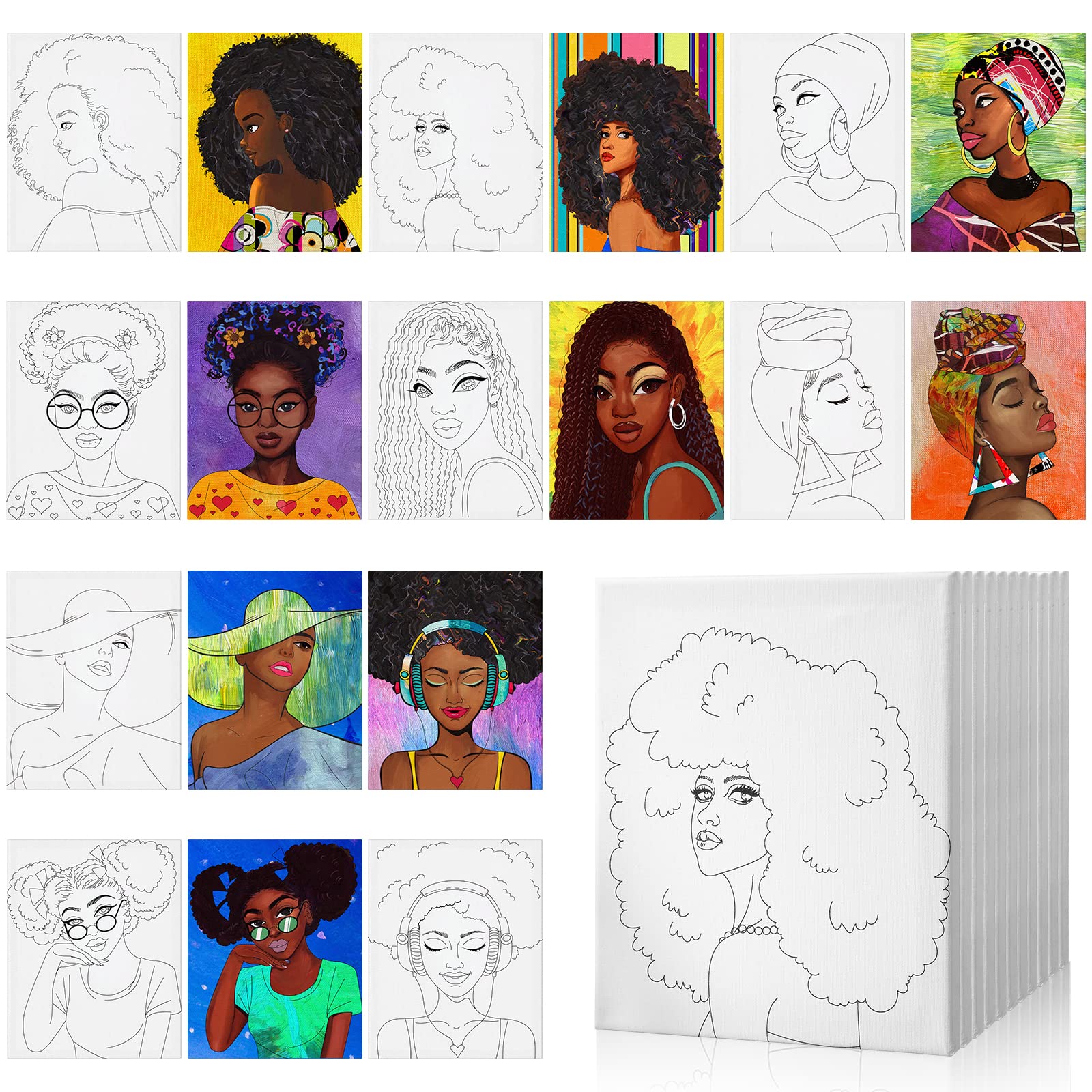 8 Pieces Pre Drawn Canvas for Painting for Adults Kids Pre-Stretched Canvas  Outline for Paint and Sip Afro Queen Theme Sip and Piant Kit for Adult's