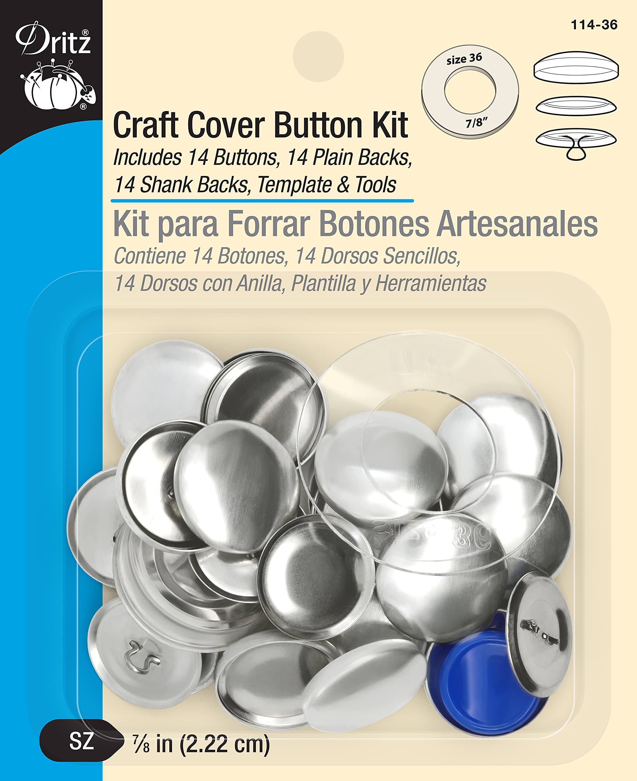 Dritz 114-36 Craft Cover Button Kit with Tools, Size 36 - 7/8-Inch, 14-Sets