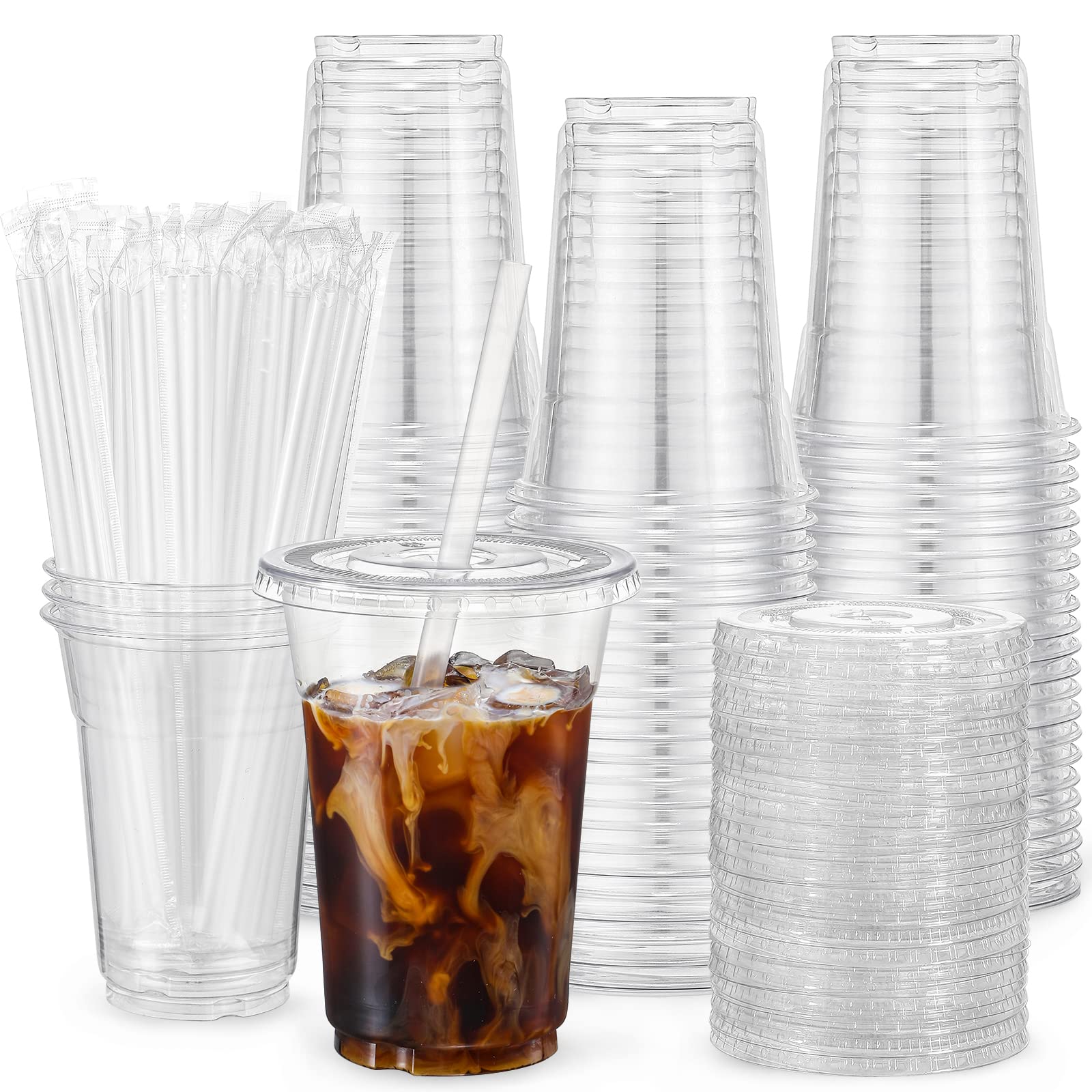 16 oz Disposable Clear Plastic to go Cups with Lids and Straws For