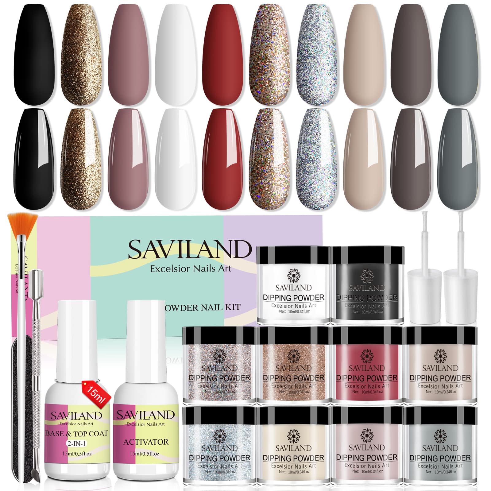 Saviland Dip Powder Nail Kit - 10 Colors Dip Powder Starter Kit Glitter  Brown Nude Black White Dipping Powder French Manicure with 2-In-1 Base Top  Coat Activator Brush No Nail Lamp Needed