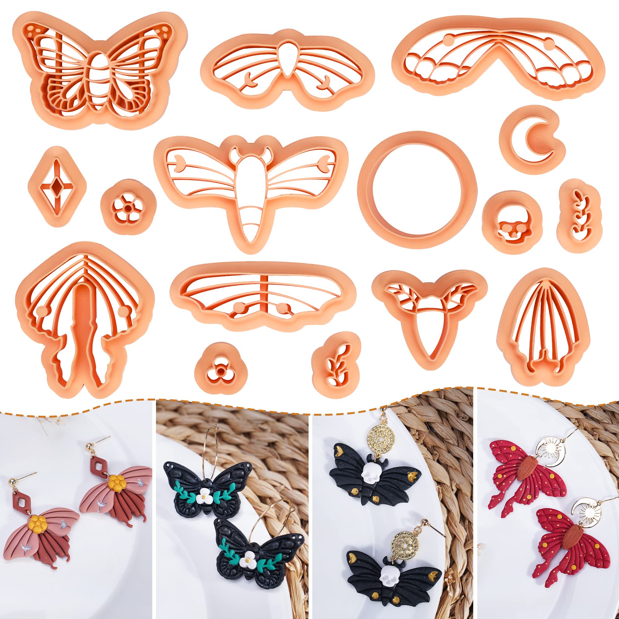Puocaon Luna Moth Polymer Clay Cutters - 16 Shapes Clay Cutters for Earrings  Moth Shapes Clay Cutters for Polymer Clay Jewelry Making Mystical Drop  Dangle Earrings Clay Earring Cutters