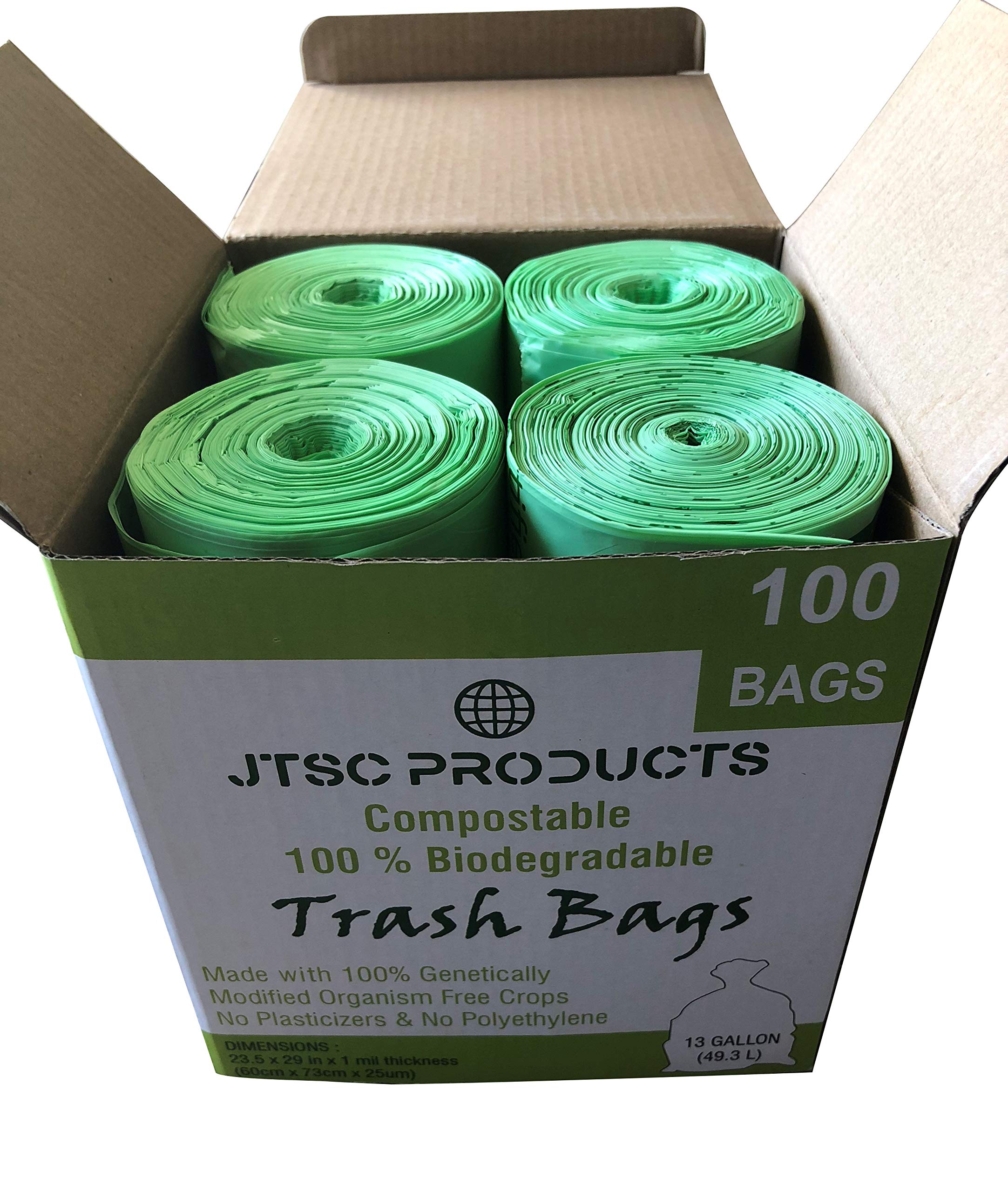 Buy Compostable Trash Bags 100% Biodegradable Trash Bags Kitchen Trash Bags  - 13 Gallon ASTM D6400 Certified by JTSC Products - 29.5in deep, 100 Count,  Extra Heavy Duty 1.0 mil Thick, Organic Waste Bag Now! Only $