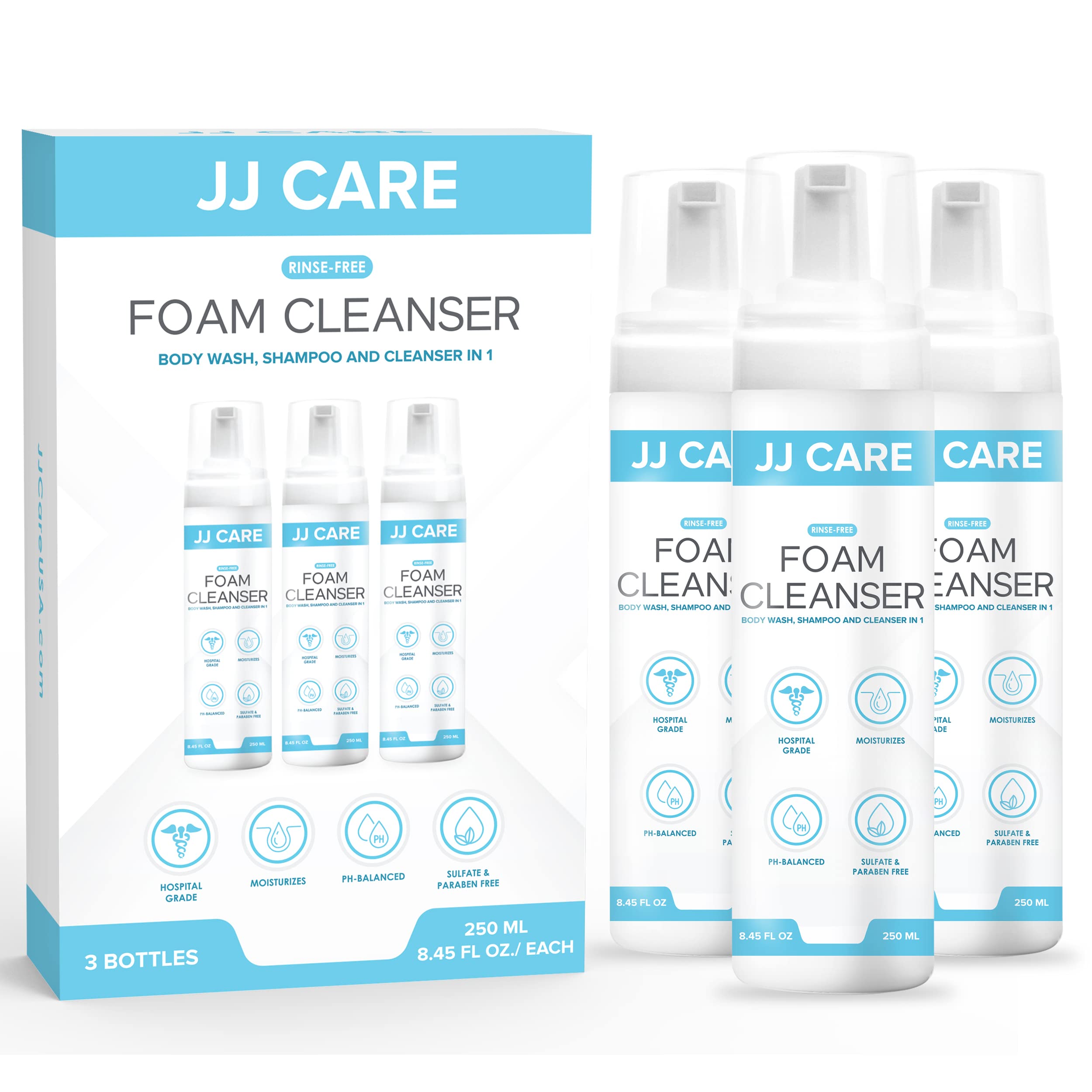 JJ CARE Rinse Free Foam Cleanser (Pack of 3) 8.45 fl. oz. Rinse Free Body  Wash for the Elderly Deodorizing Waterless Body Wash 3-in-1 Moisturizing  Rinse-Free Shampoo for Disabled Foaming Wash for