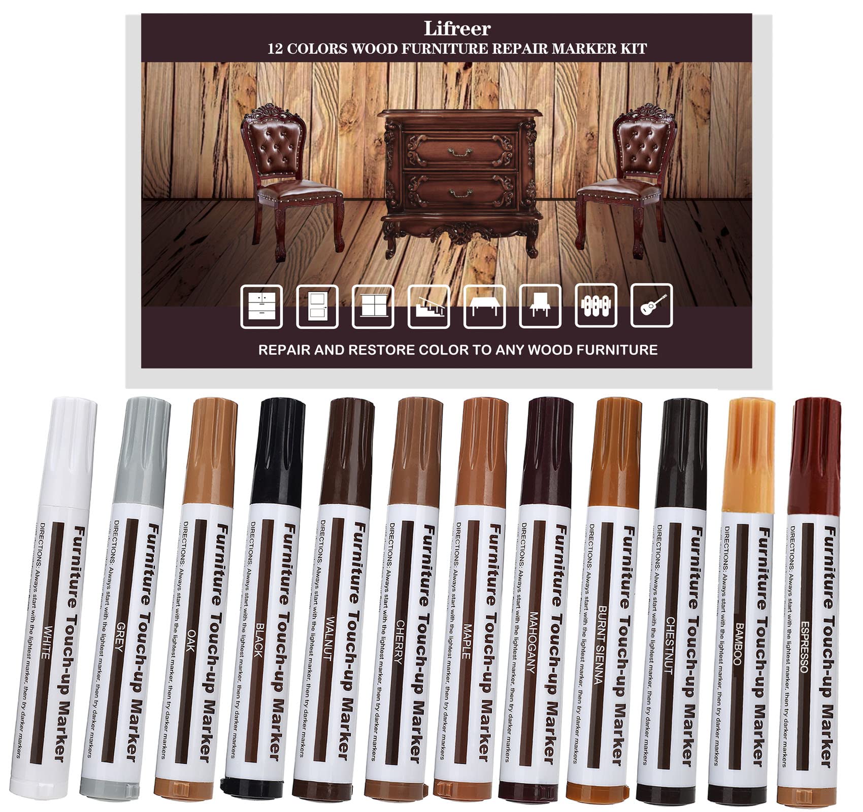 Lifreer Revolutionary Furniture Touch Up Markers, 12 Colors Wood Scratch  Repair Markers Kit - Perfect for Stains, Scratches, Wood Floors, Tables,  and Bedposts - Easy to Use and Long-Lasting Results!