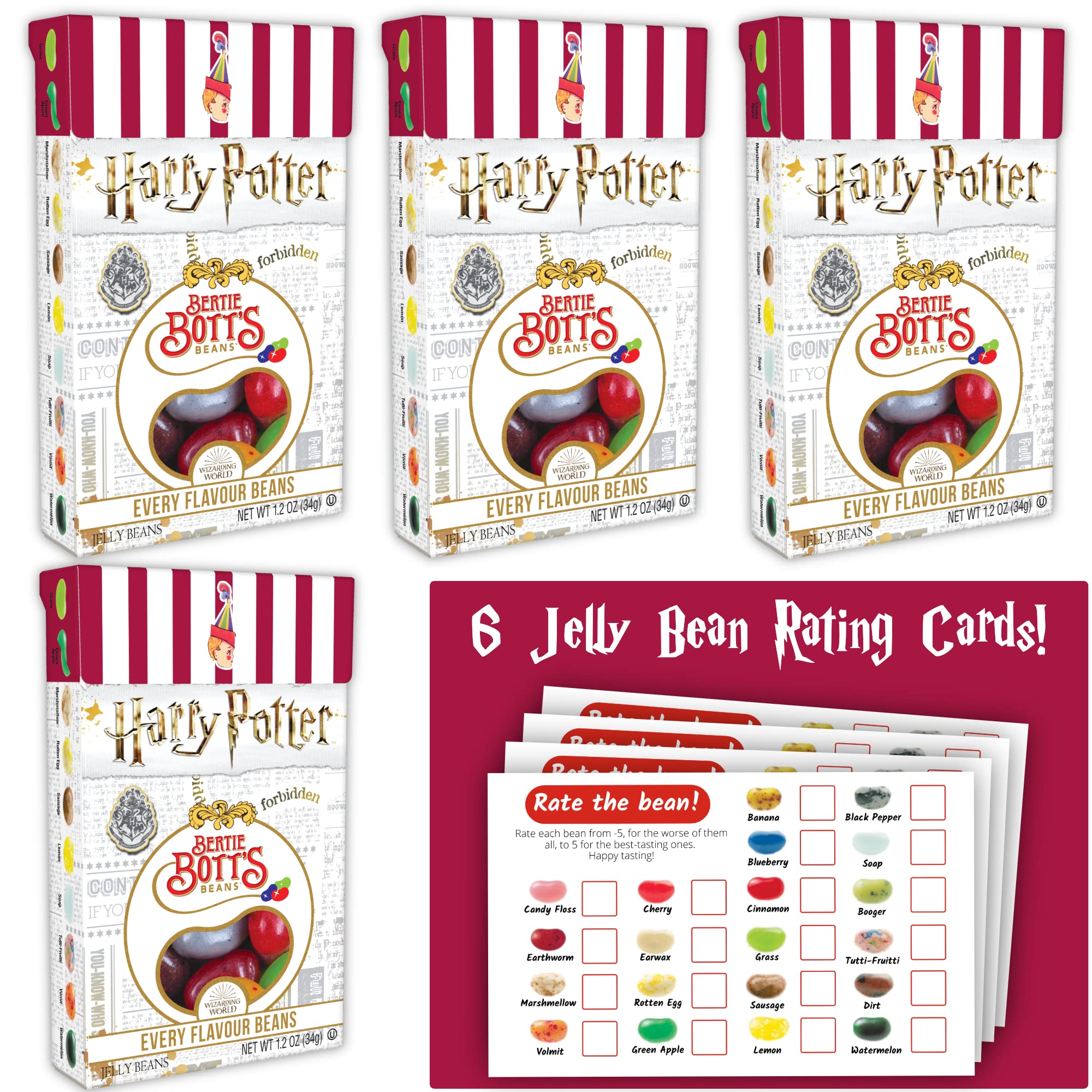 Jelly Belly Harry Potter Jelly Beans - Harry Potter Candy - 1.2 oz. Bertie  Botts Every Flavored Beans (4 ct) + Gaudum Bertie Botts Jelly Bean rating  cards (6 ct) Small Bundle