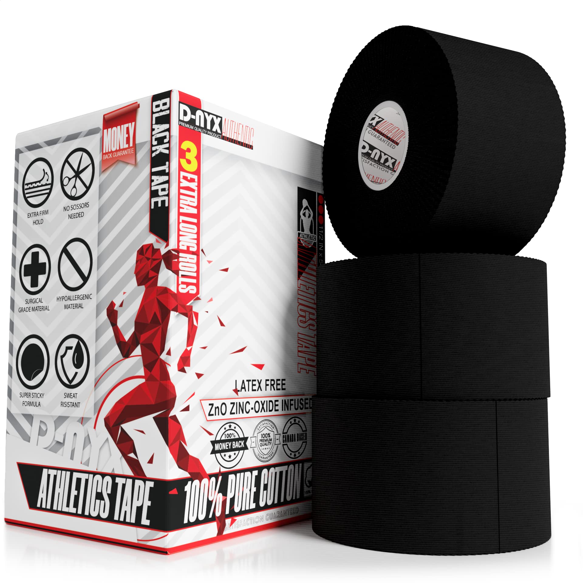 Black Athletic Sports Tape 1.5in x 45ft/Roll EXTRA LONG & Very Strong, NO Sticky  Residue Easy Tear Tapes for Athlete & Medical Trainers