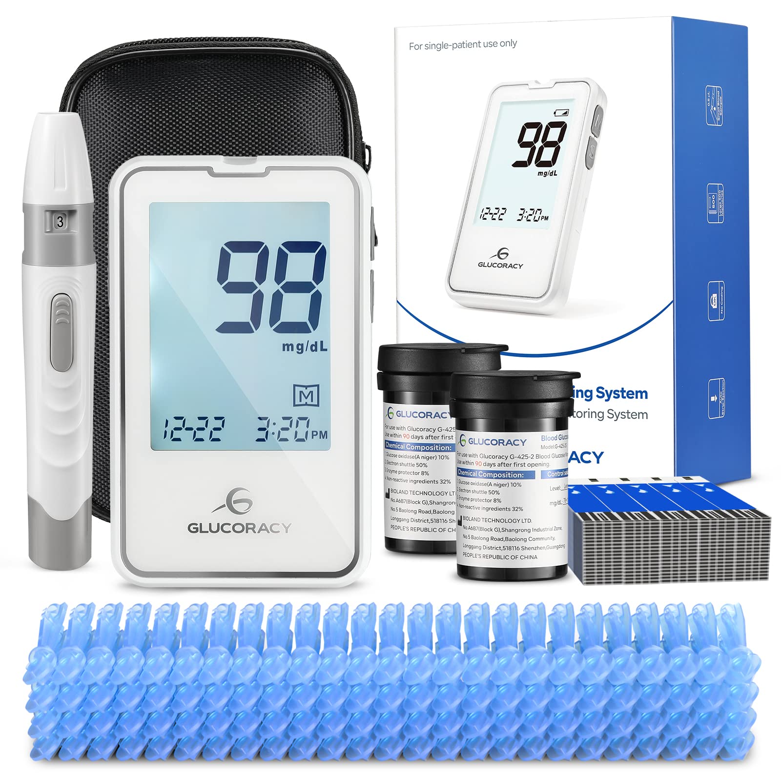 Blood Glucose Monitor Kit, Blood Sugar Test Kit with 100 Glucometer Strips,  100 Lancets-White 