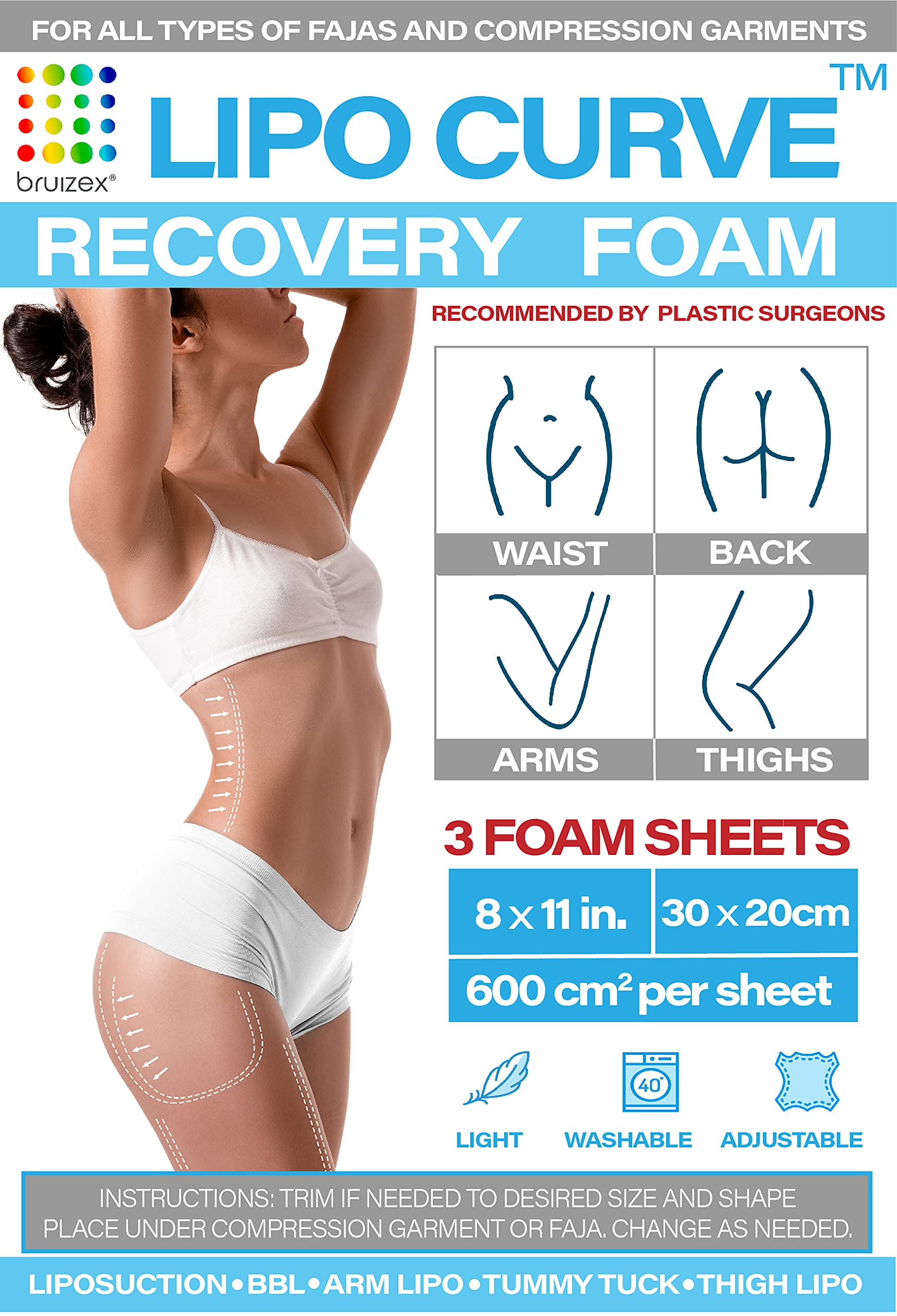 LIPO FOAM : Liposuction recovery soft pads I 3 pack post surgery sheets I  For all types of compression garments, faja, abdominal boards, wrap, BBL  pillow, 360 lipo, BBL, tummy tuck I Bruizex