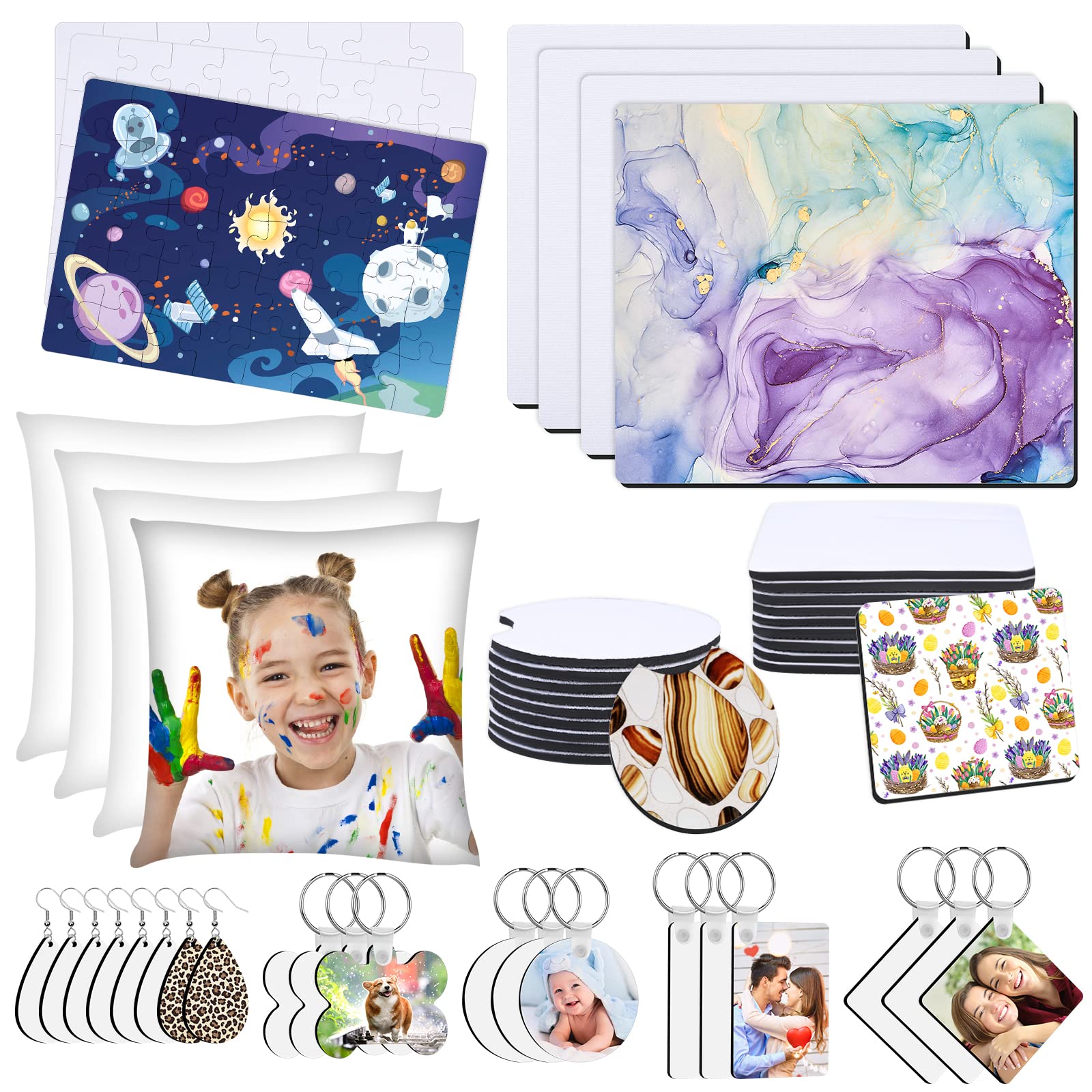 82 PCS Sublimation Blanks Products Set, Modacraft DIY Sublimation Starter  Kit with 20 Car Coasters, 12 Keychains, 8 Earrings, 4 Mouse Pads, 3 Pillow  Covers, 3 Puzzles 82PCS