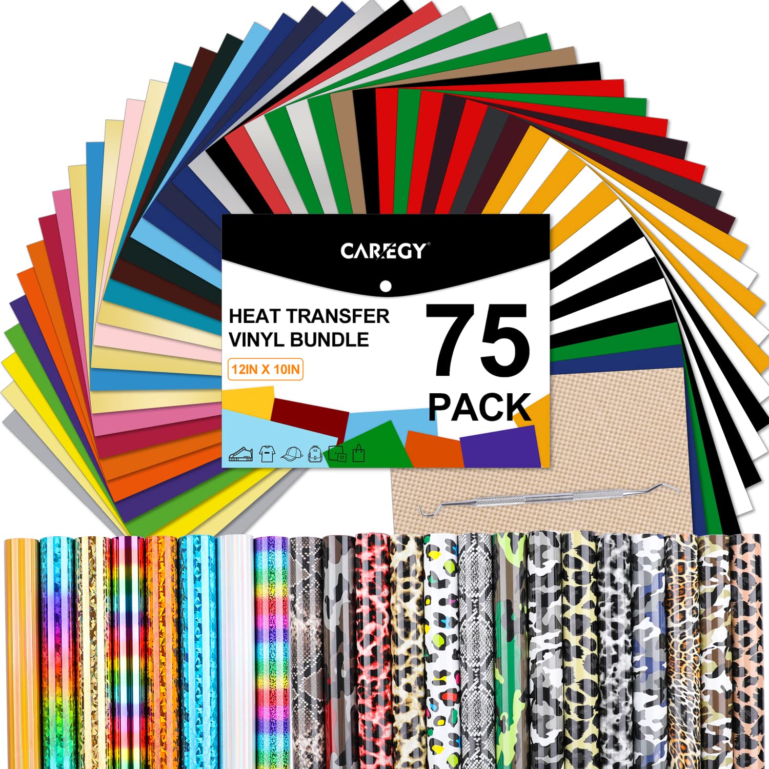 CAREGY HTV Heat Transfer Vinyl Bundle: 75 Pack 12 x 10 Iron on Vinyl for T