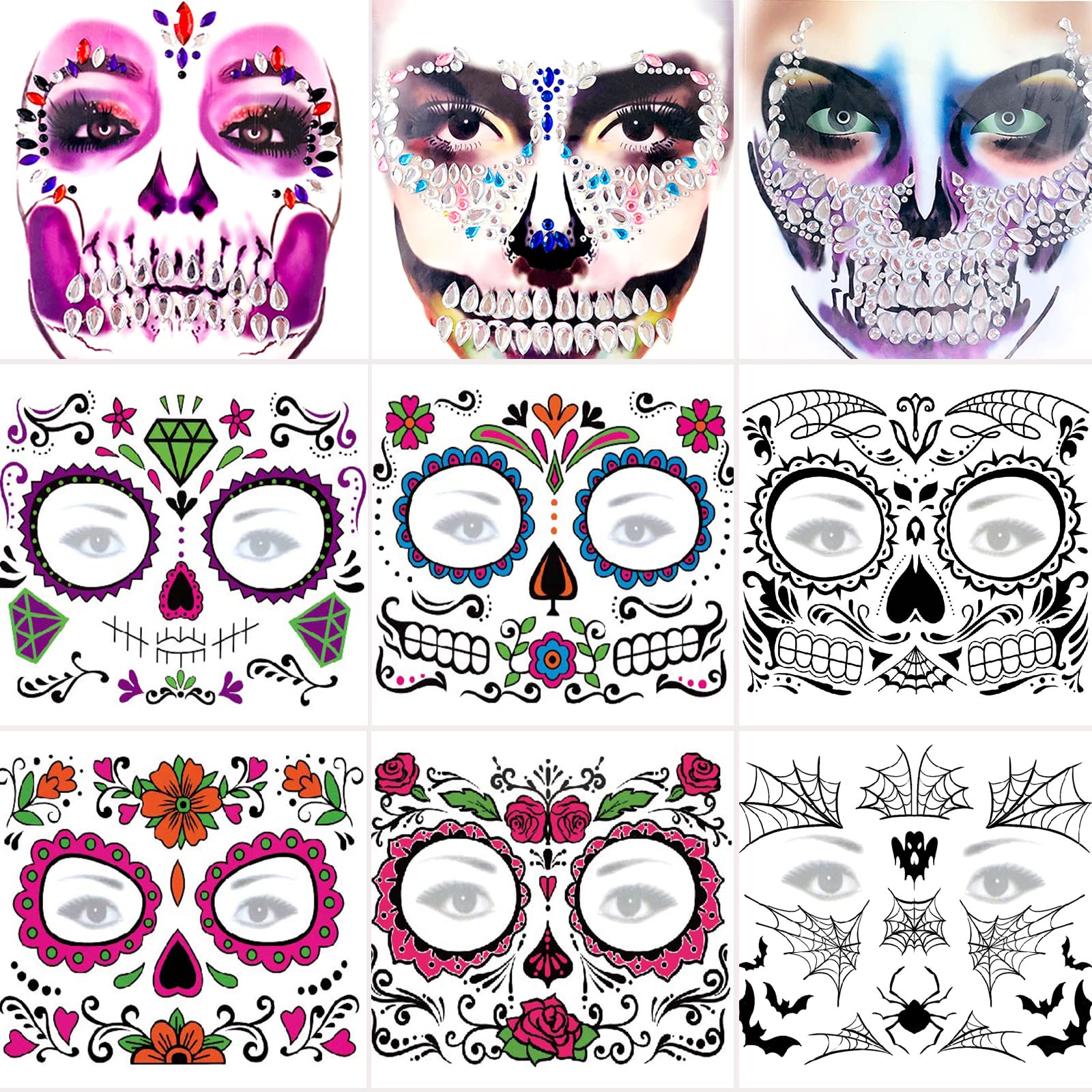 Halloween Face Jewels Temporary Tattoos Skull Ghost Face - Temu