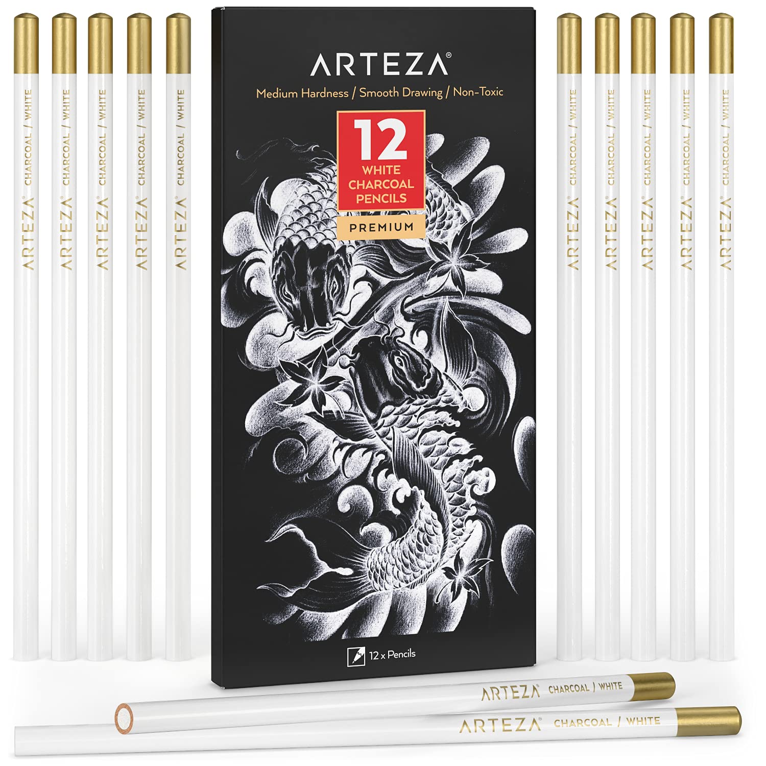 ARTEZA White Charcoal Pencils Pack of 12 Smooth Medium-Hard Sketching  Crayons Art Supplies for Drawing and Highlighting 12 Count (Pack of 1)