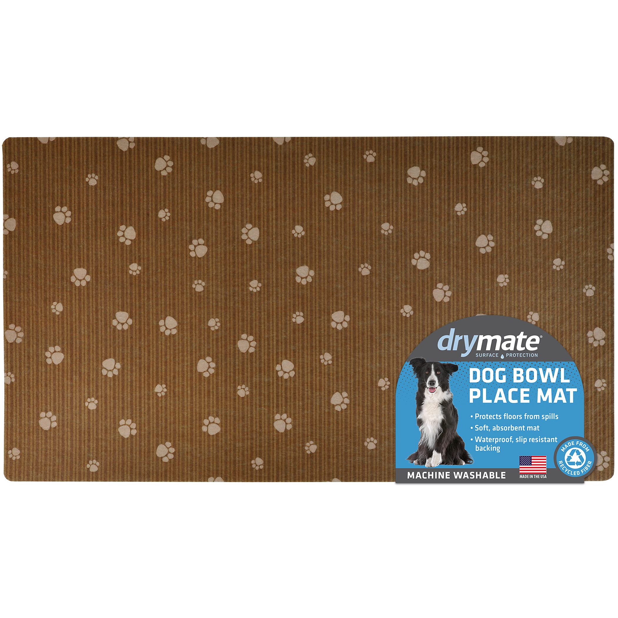 Drymate Pet Bowl Placemat, Dog & Cat Food Feeding Mat - Absorbent Fabric,  Waterproof Backing, Slip-Resistant - Machine Washable/Durable (USA Made)  Large (16 x 28) Brown Stripe Tan Paw