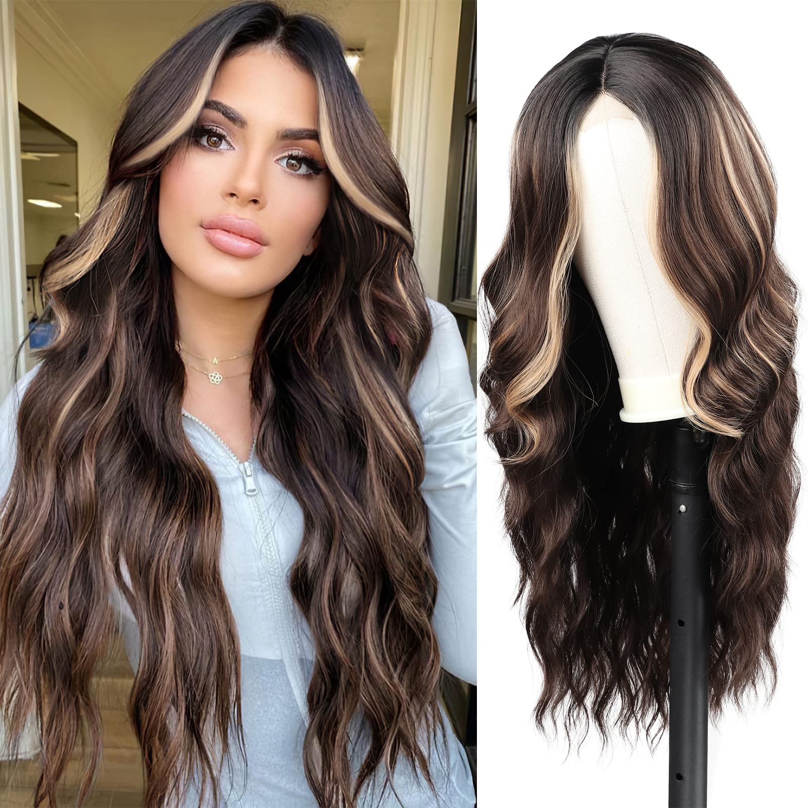 Long Brown Wavy Wig 24 Inch Highlight Wigs for Women Synthetic