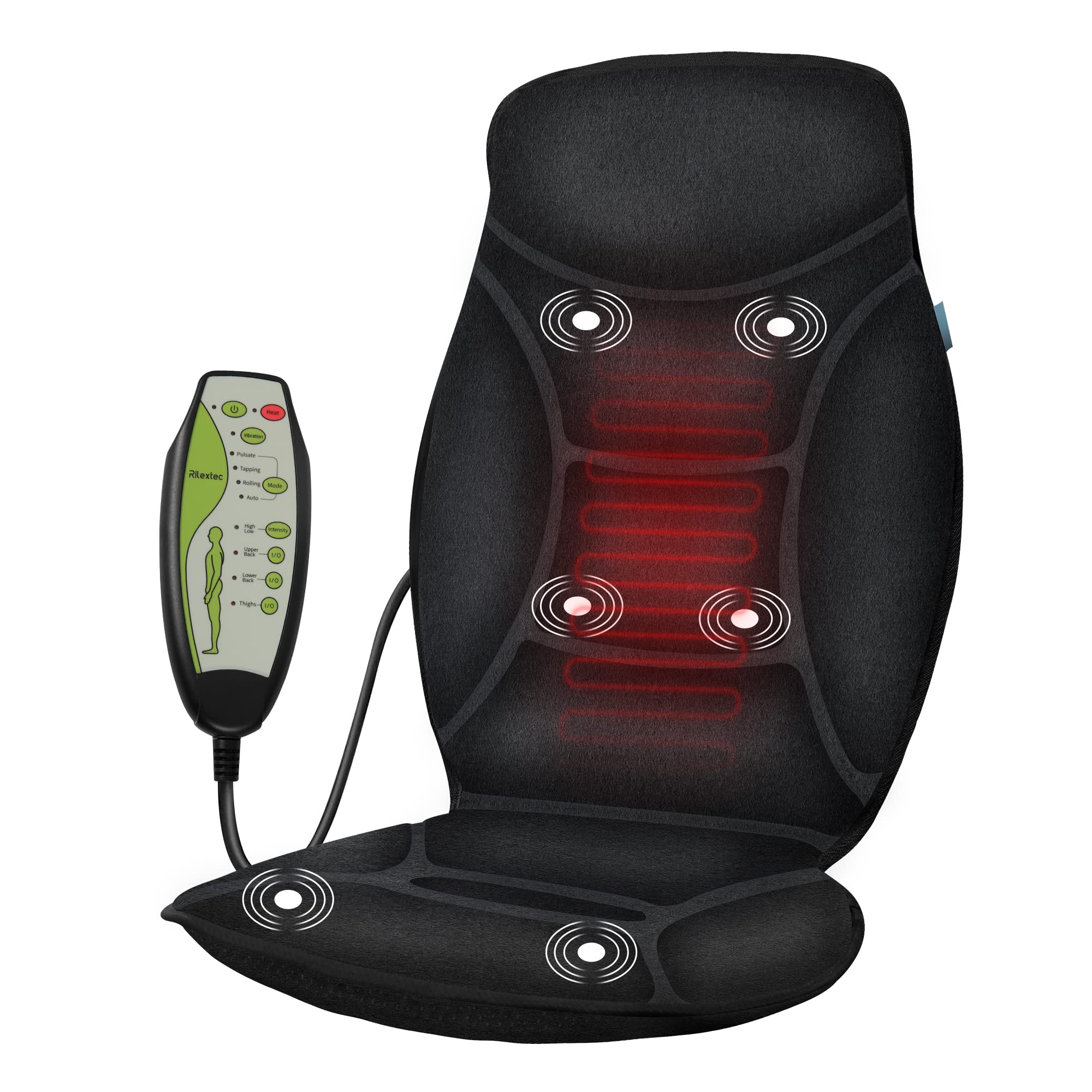 Rilextec Vibration Back Massager with Heat, Extra Memory Foam 6 Vibration  Motors Massage Chair Pad for Chairs Home Couch, Soothing Heating Therapy of Massage  Seat Cushion for Back Pains Relief Dark Black