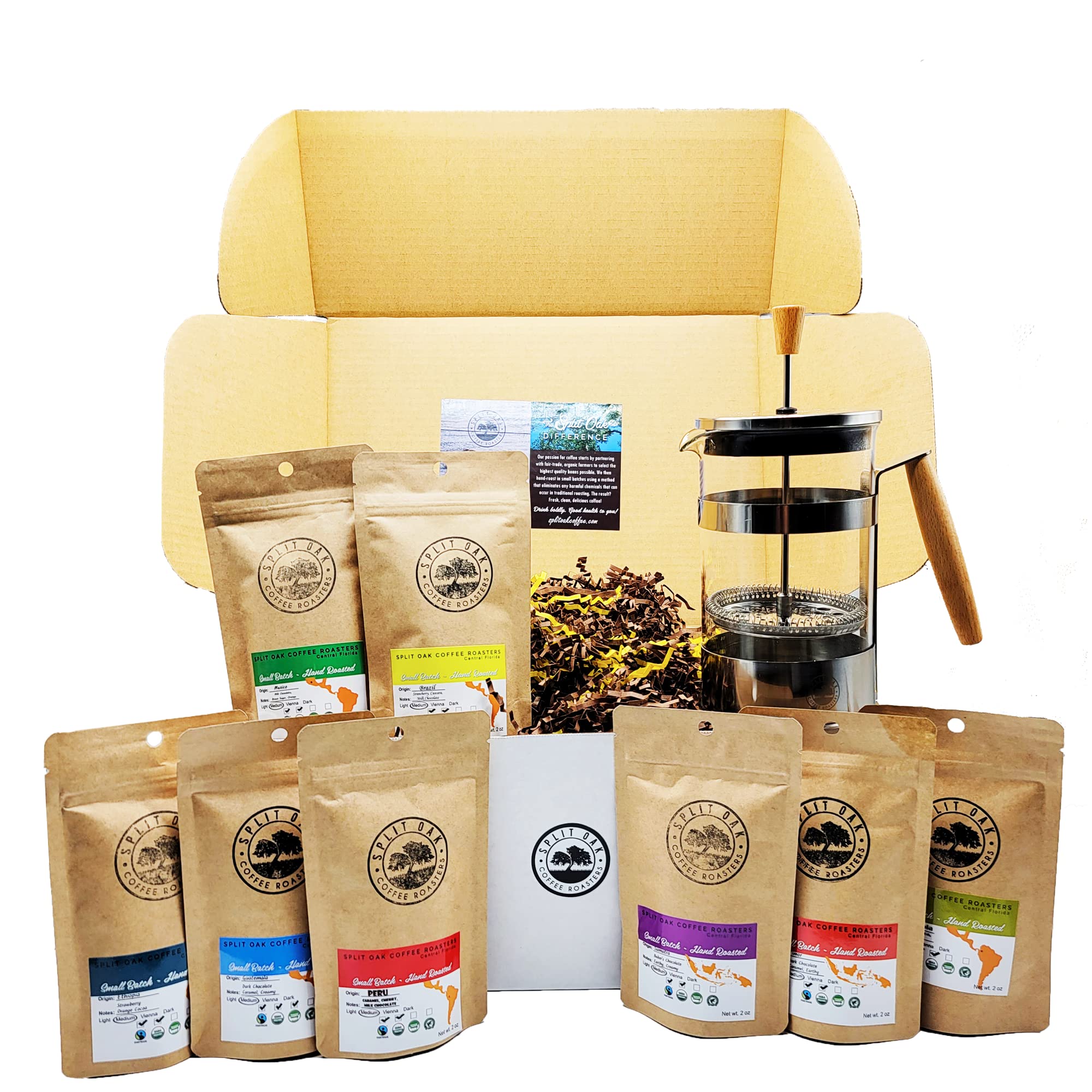 Best Coffee Gift Box Set 8 Assorted Coffees +1 French Press