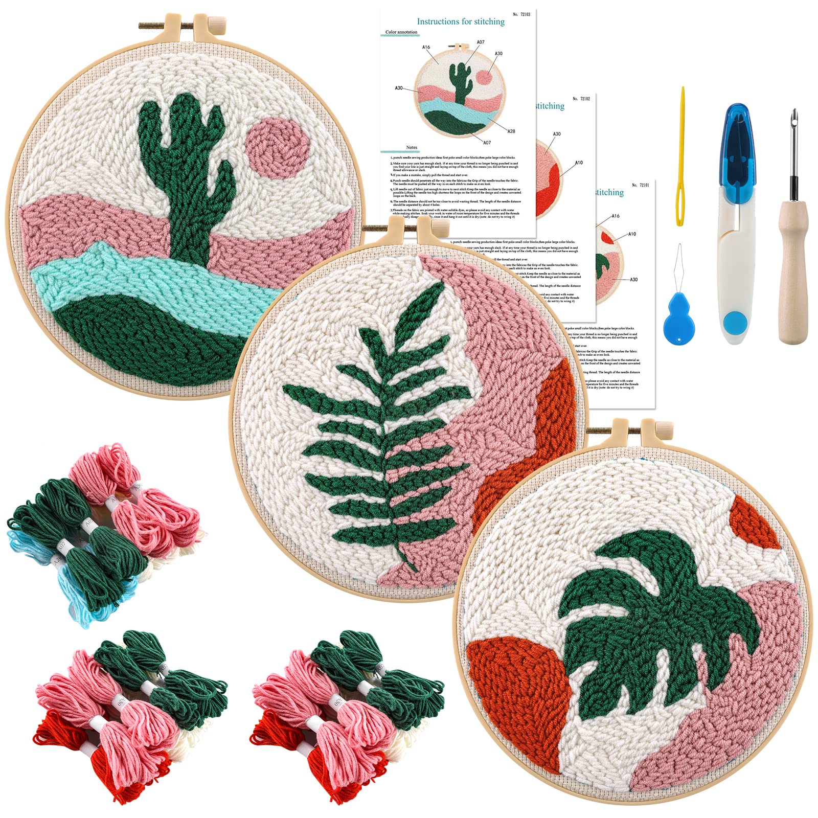Anidaroel 3 Sets Punch Needle Kits Punch Needle Kits for Adults Beginner Punch  Needle Tool with Punch Needle Fabric Hoops Yarns and Sewing Needles Morandi  Tropical Plants