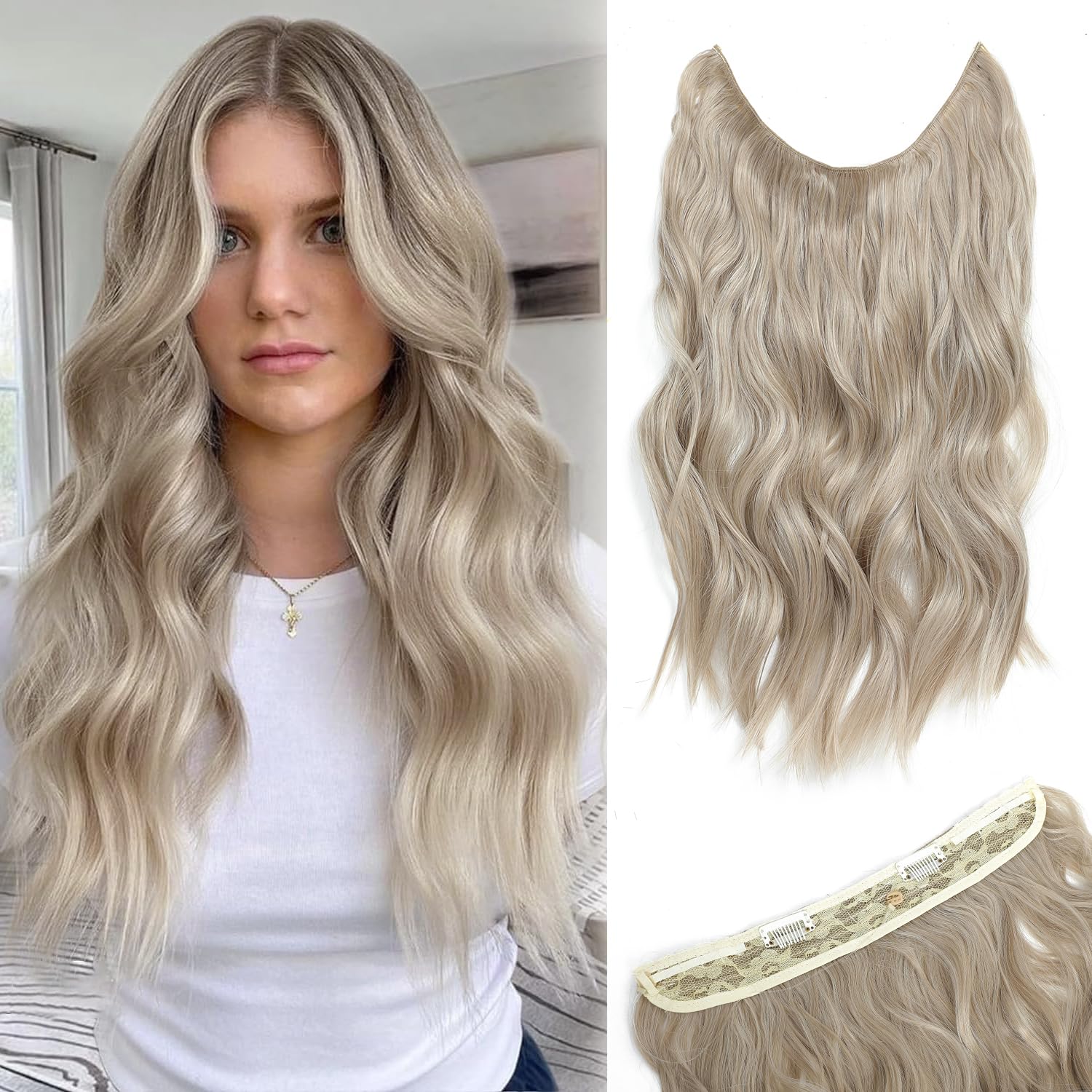 One piece Invisible Wire Hair Extensions Clip in Natural Wavy