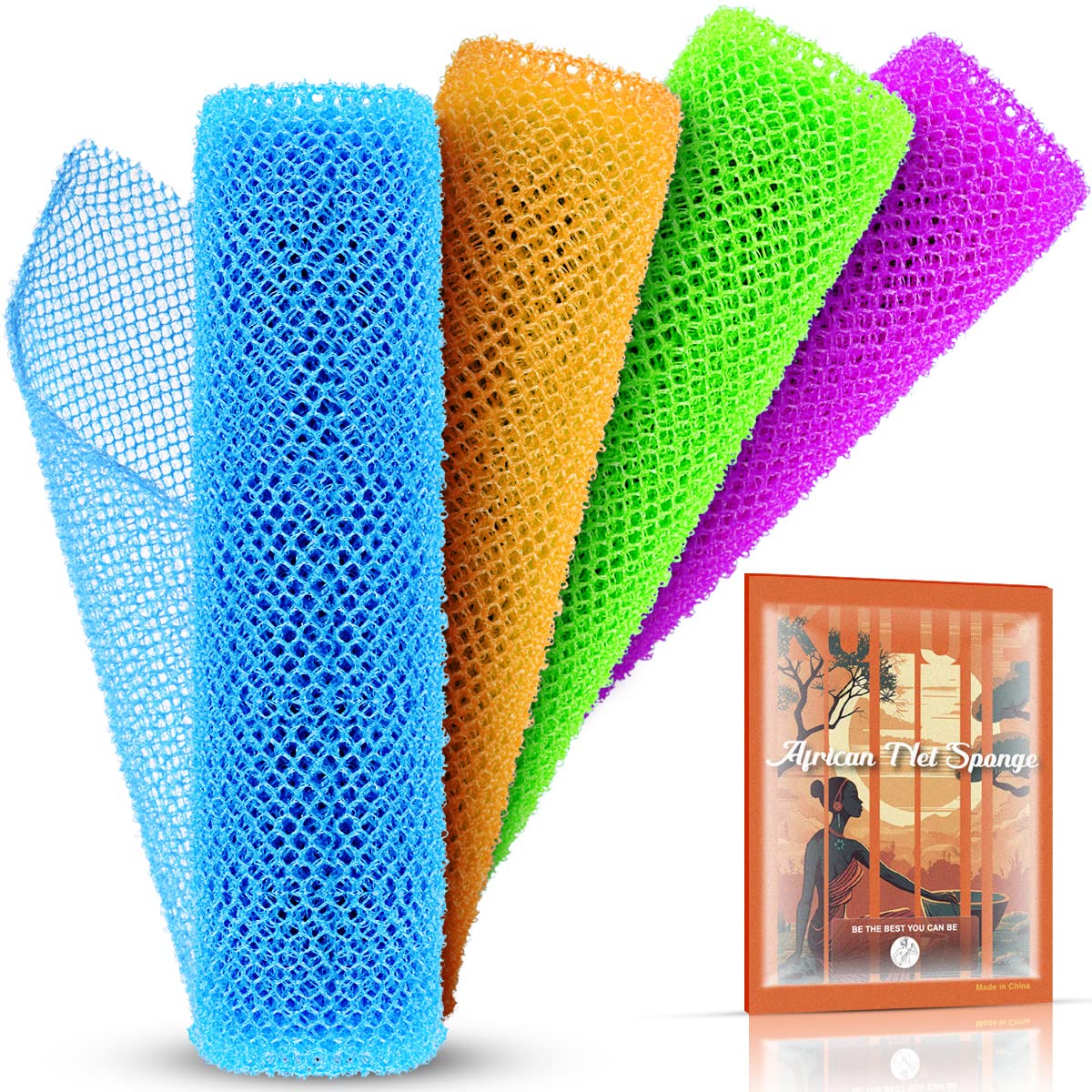 4 Pieces African Net Sponge African Exfoliating Net African Net Long Net Bath Sponge Exfoliating 6802