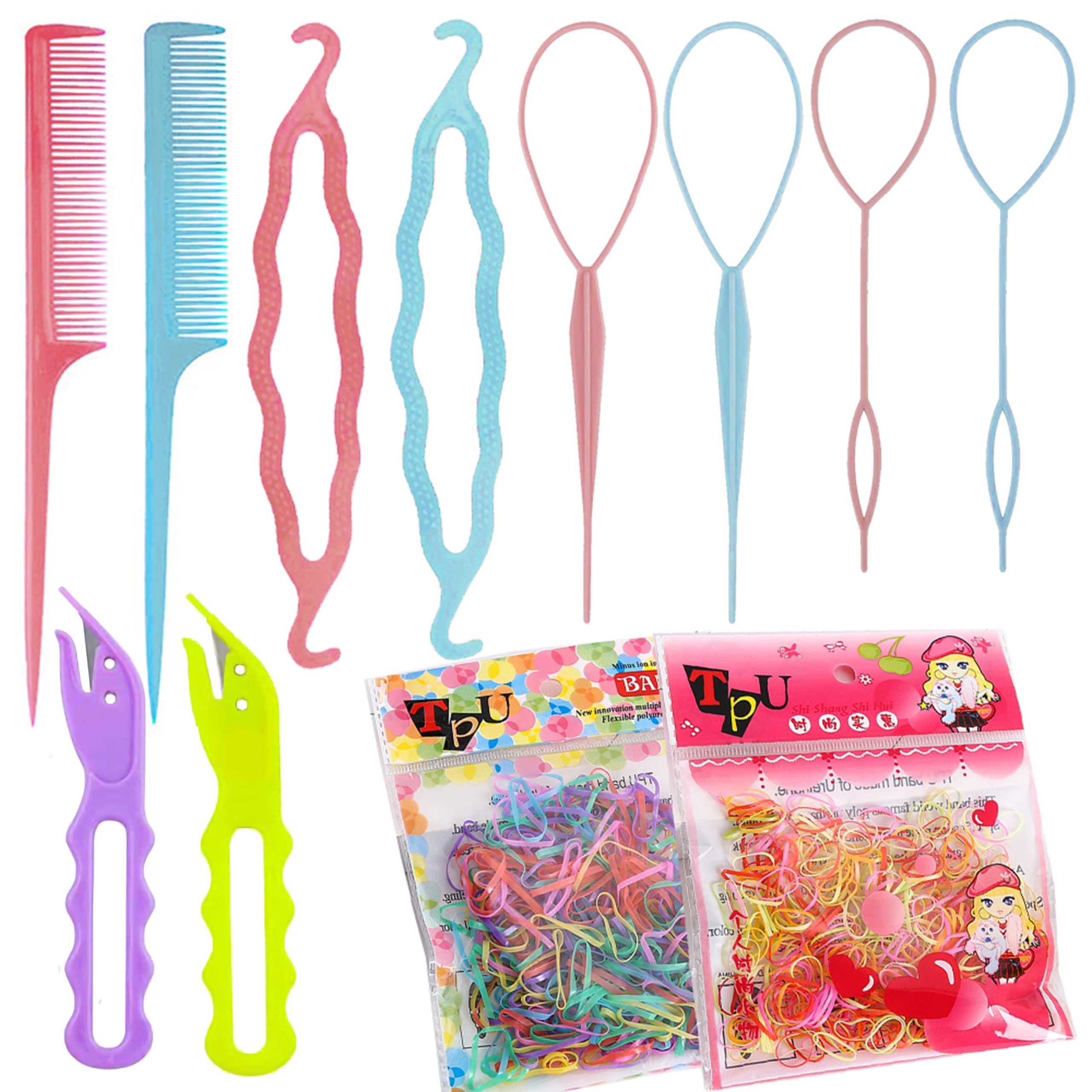 10Pcs Hair Loop Tool Set with 4 Topsy Tail Hair Tools 1 Ponytail Cutter  Remover 1 Metal Pin Rat Tail Comb for Hair Styling 200 Summer Colors  thicken Rubber Bands for Women