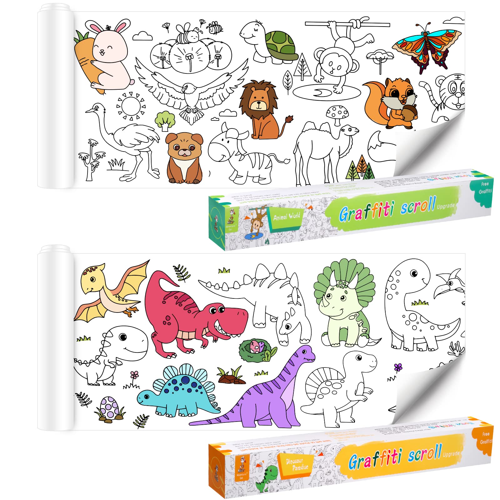 2Pcs Children's Drawing Roll,ASOUNY DIY Painting Coloring Paper Roll,118X14.9  Inch Upgrade Large Drawing Roll Paper for Kids,Sticky Toddler Coloring Art  Paper,Wall Coloring Stickers(Dinosaur&Animal)