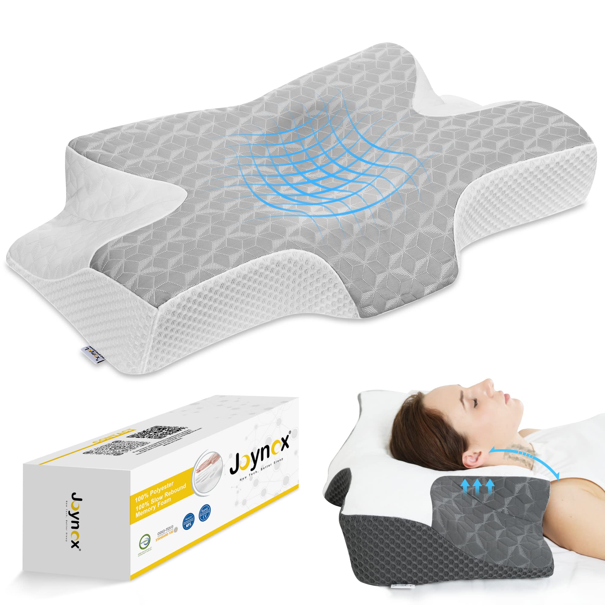 Joynox Cervical Memory Foam Contour Pillow for Neck and Shoulder Pain,  Ergonomic Orthopedic Neck Support Sleeping Pillow for Side Sleepers, Back  and Stomach Sleepers (Grey)