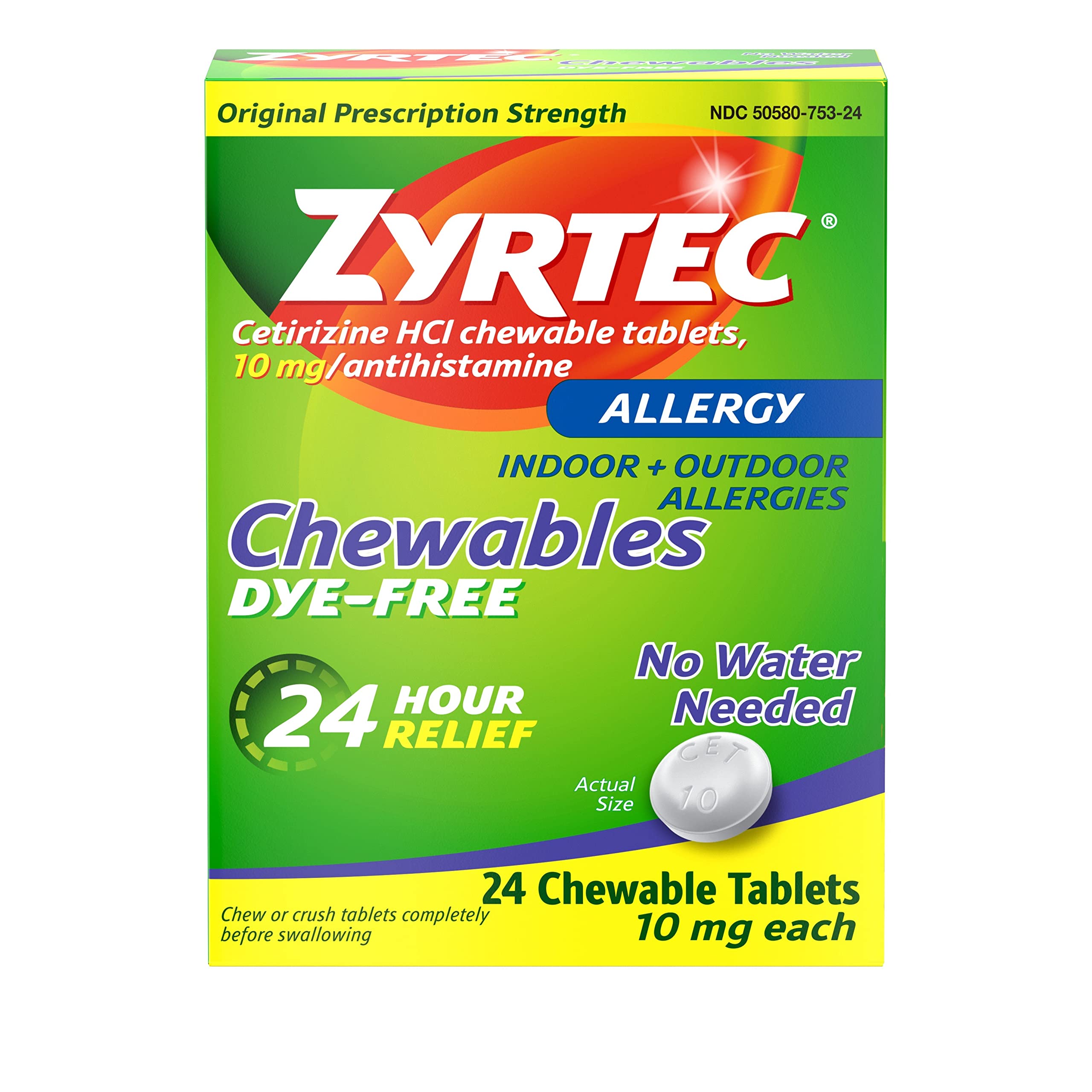 Zyrtec 24 Hour Allergy Relief Chewable Tablets 10 Mg Antihistamine Cetirizine Hcl Per Tablet