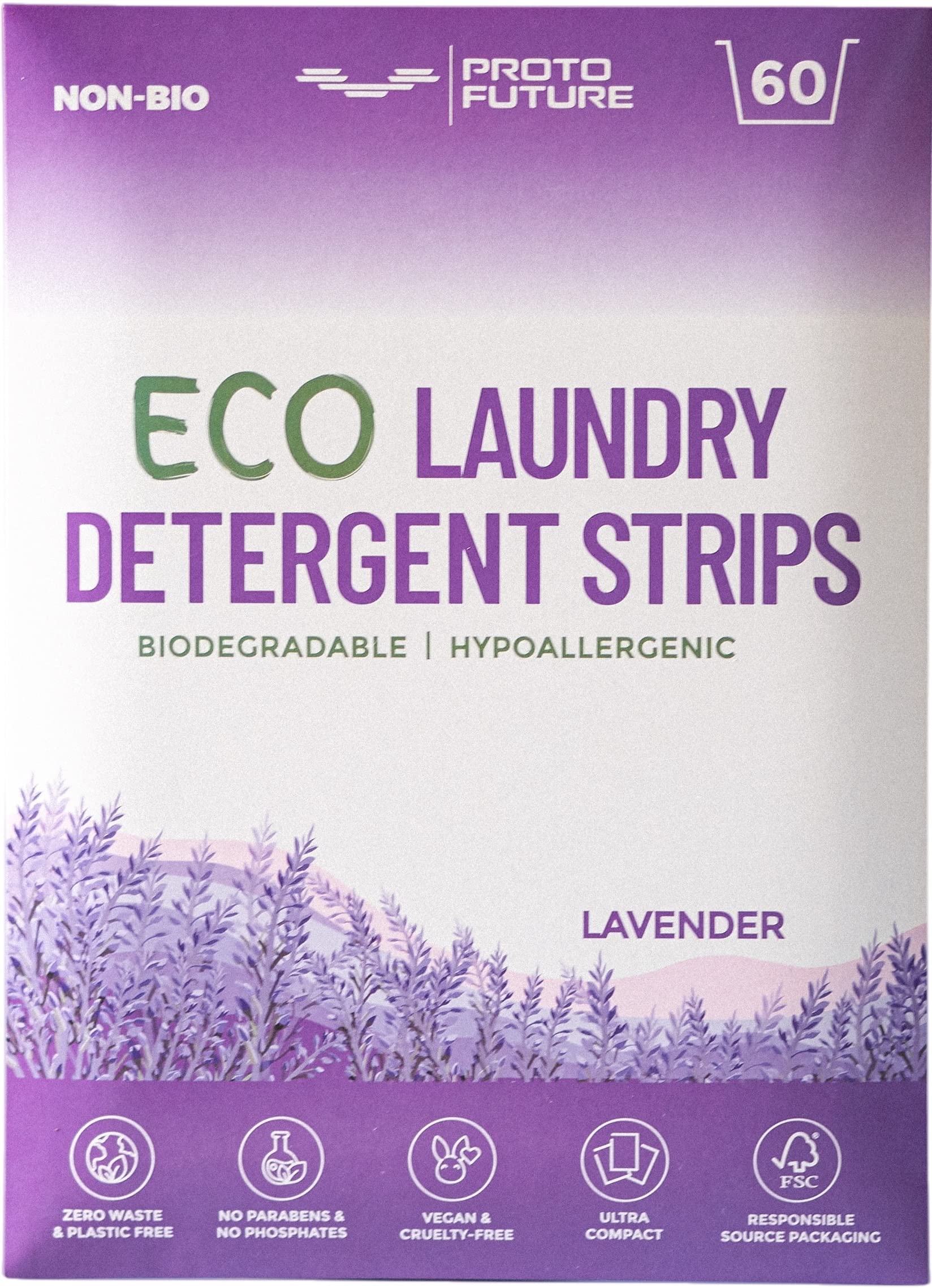 Proto Future Eco-Friendly Laundry Detergent Sheets - Biodegradable  Hypoallergenic Zero Waste Plastic-Free Eco-Strips - No Enzymes Plant-Based  Formula (Lavender 60 Loads) Lavender 60 Count (Pack of 1)