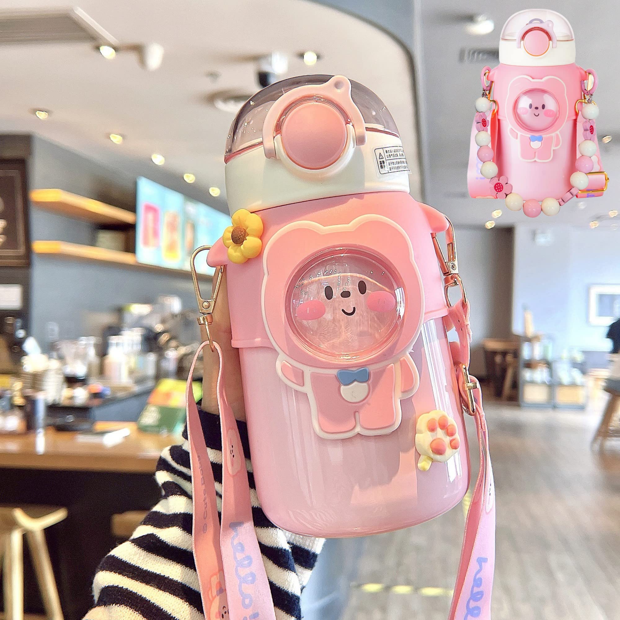 Bear Water Bottle With Straw Strap Large Capacity Milk Bubble Tea