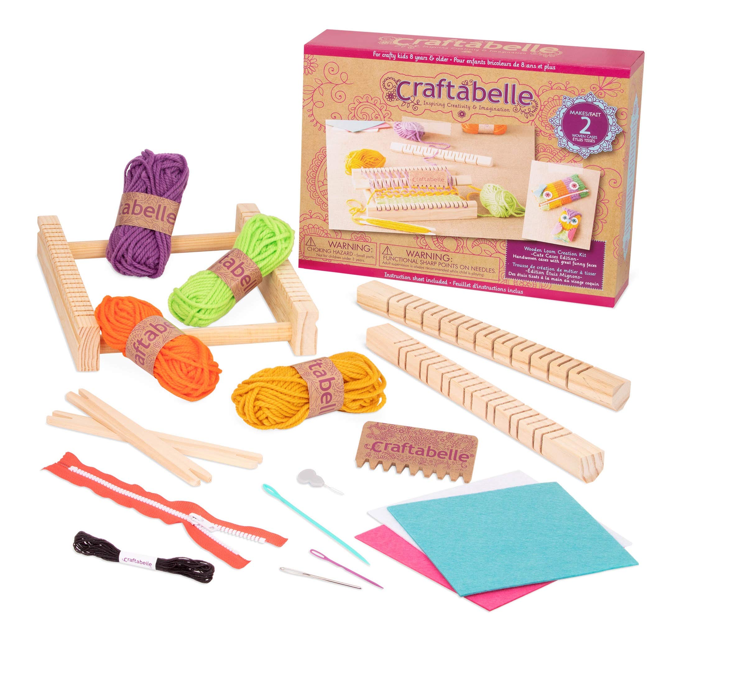 Craftabelle Wooden Loom Creation Kit Beginner Knitting Loom Kit 19pc Weaving  Set with Yarn and Frame DIY Craft Kits for Kids Aged 8 Years +