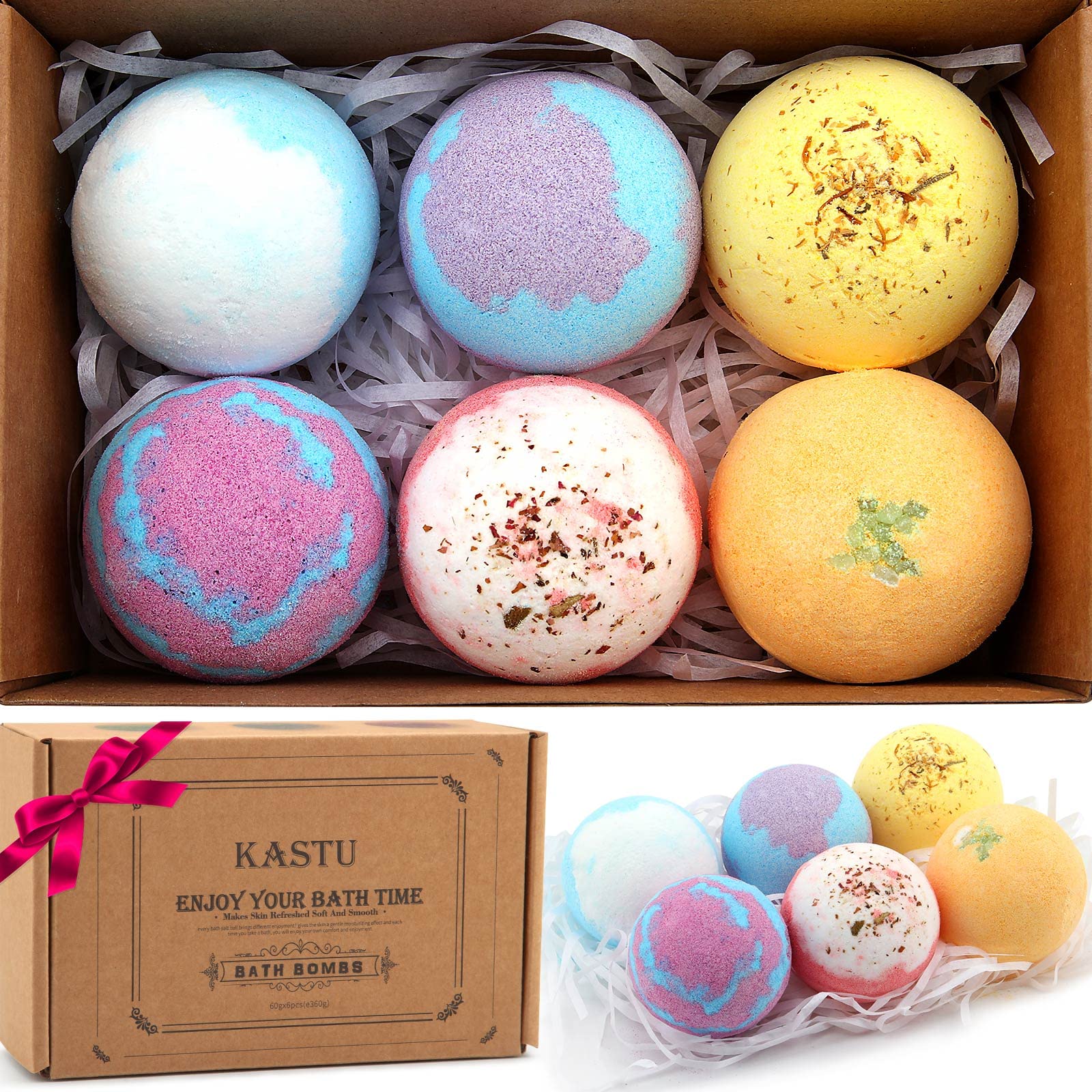 KASTU Bath Bombs 6 Pack Gift Set Vanilla Menthol Rose Extract