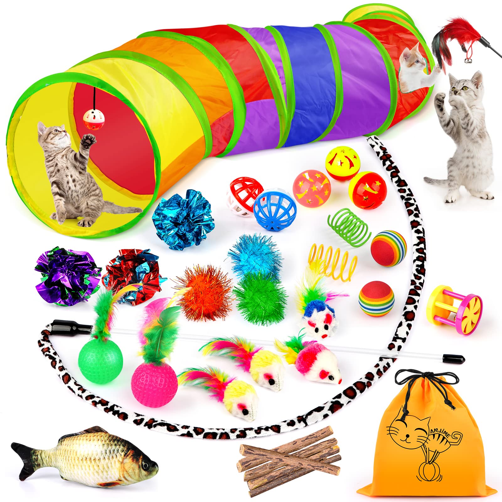 Goopow Cat Toys Kitten Toys, Interactive Cat Toy Including Worm Toy, Feather Tassel,Catnip Fish, Balls and Bells Toys Set for Cat, Puppy, Kitty with