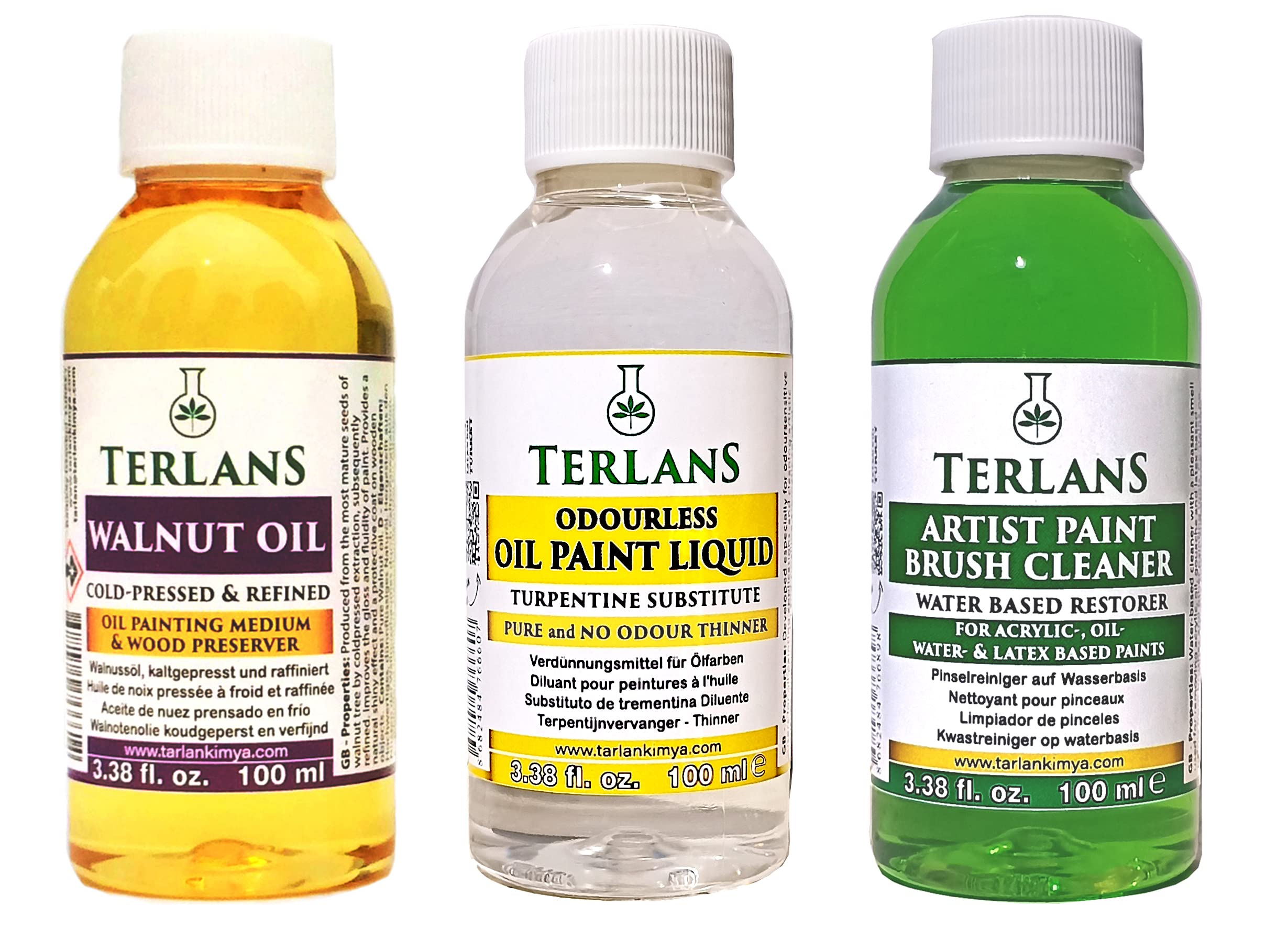 TERLANS Oil Painting Supplies 3 Pack, Odourless Thinner, Walnut Oil, Paint Brush Cleaner