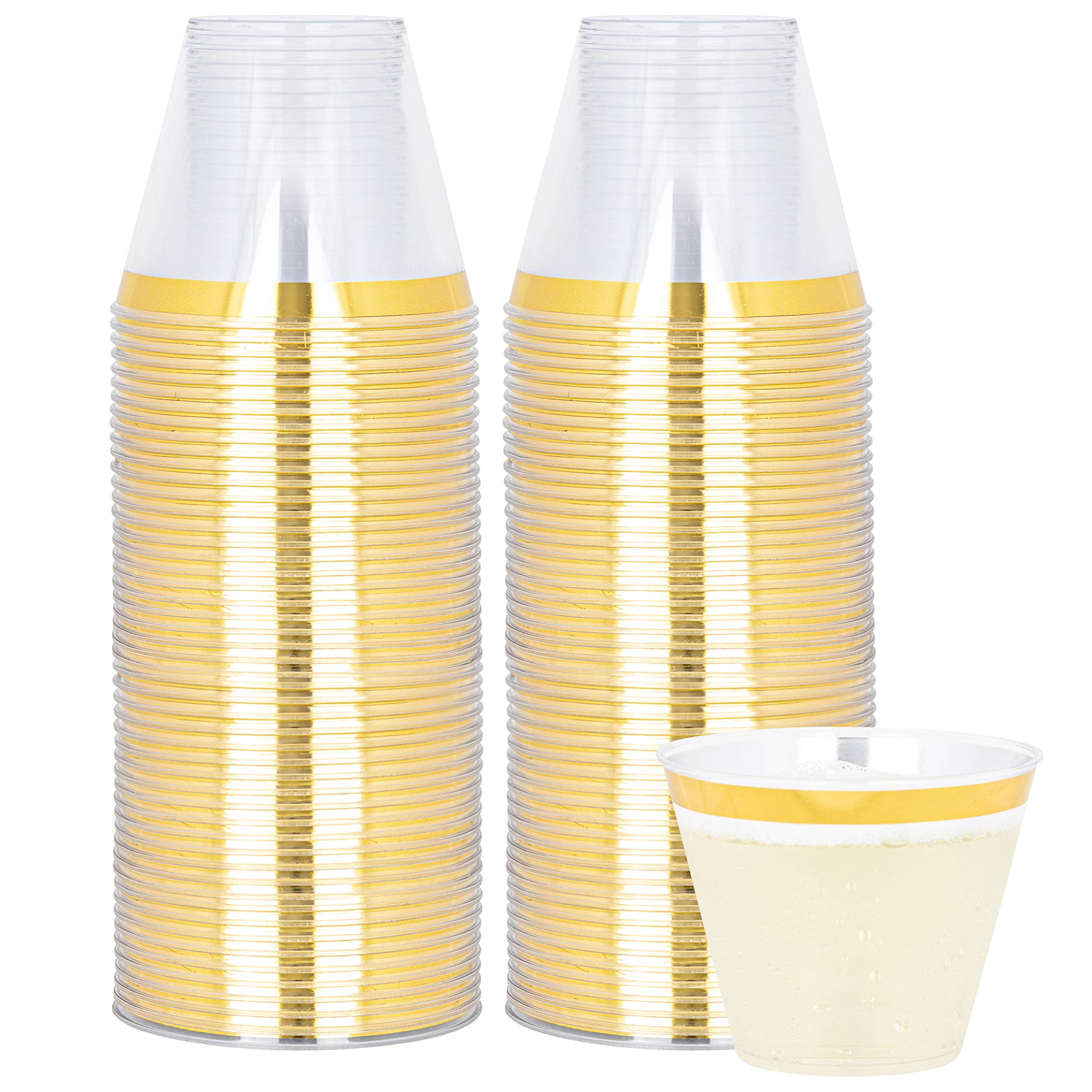 10 oz Clear Plastic Cups Old Fashioned Tumblers Gold Rimmed