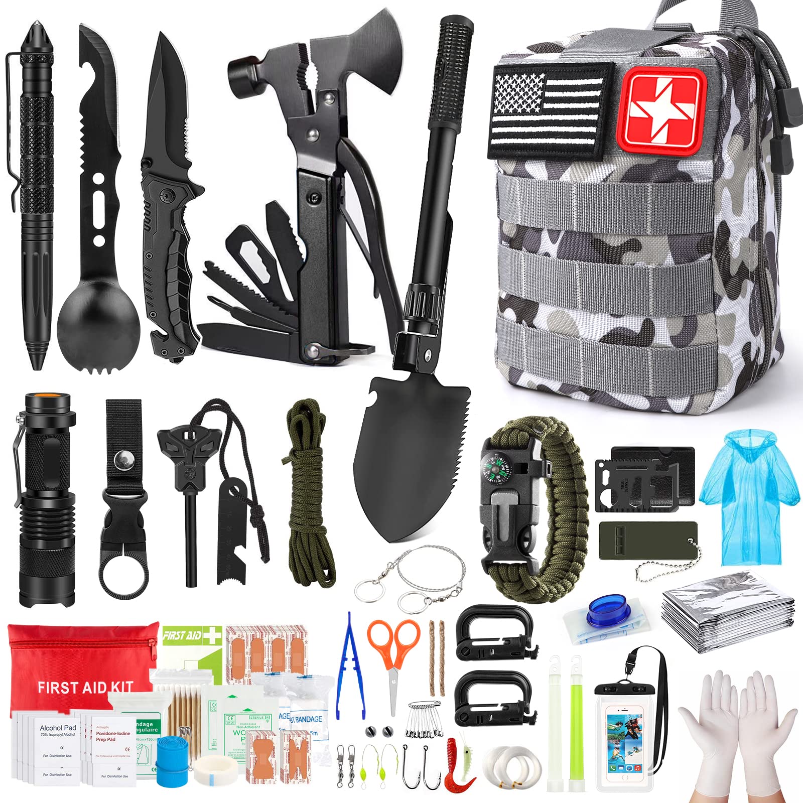 Survival Kit,222 PCS Emergency Survival Gear First Aid Kit with Molle  System Compatible Bag Outdoor Camping Gear Emergency Kit for  Hunting,Hiking,Fishing, Gifts for Men Women