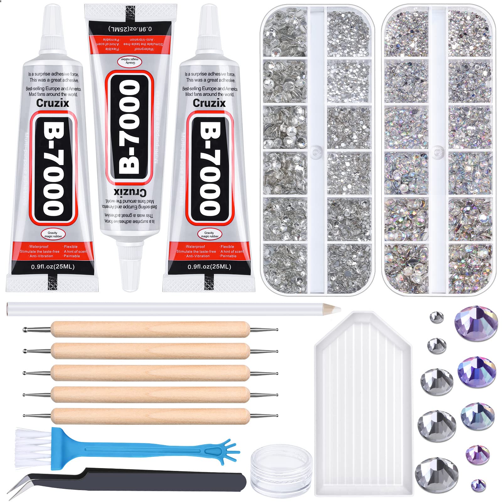 B7000 Glue Clear with Precision Tip, B-7000 Jewelry Bead Glue Adhesive  Medium Viscosity with Art Dotting Stylus Pens Rhinestone Applicator Kit for  Clothes Fabric Nail Crafts DIY (3 PCS, 25 ML/ 0.9 oz)